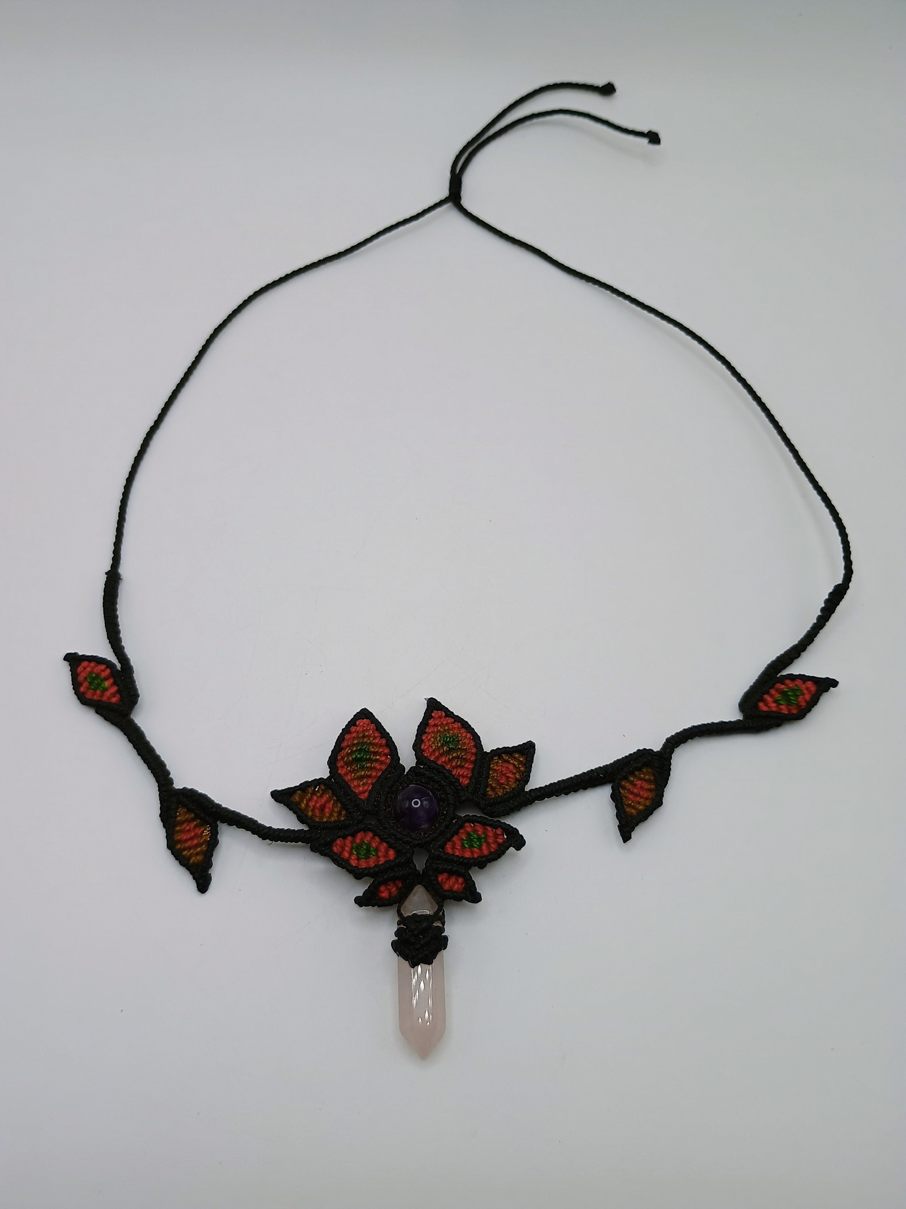 Handmade Macrame Necklace with Rose Quartz and Amethyst - Spiritual Amulet