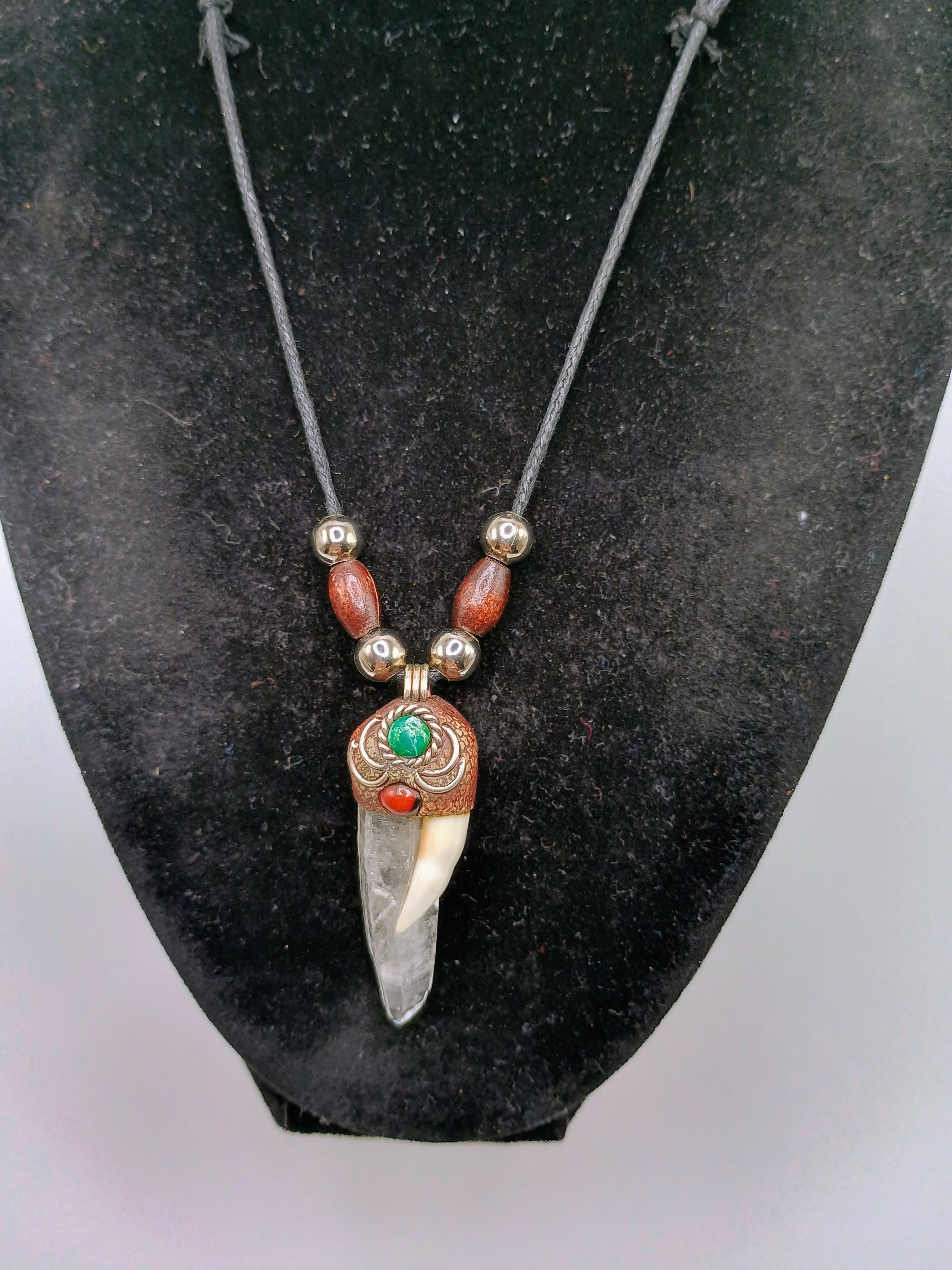 Handmade Macrame Necklace with Quartz Crystal and Sea Lion Tooth