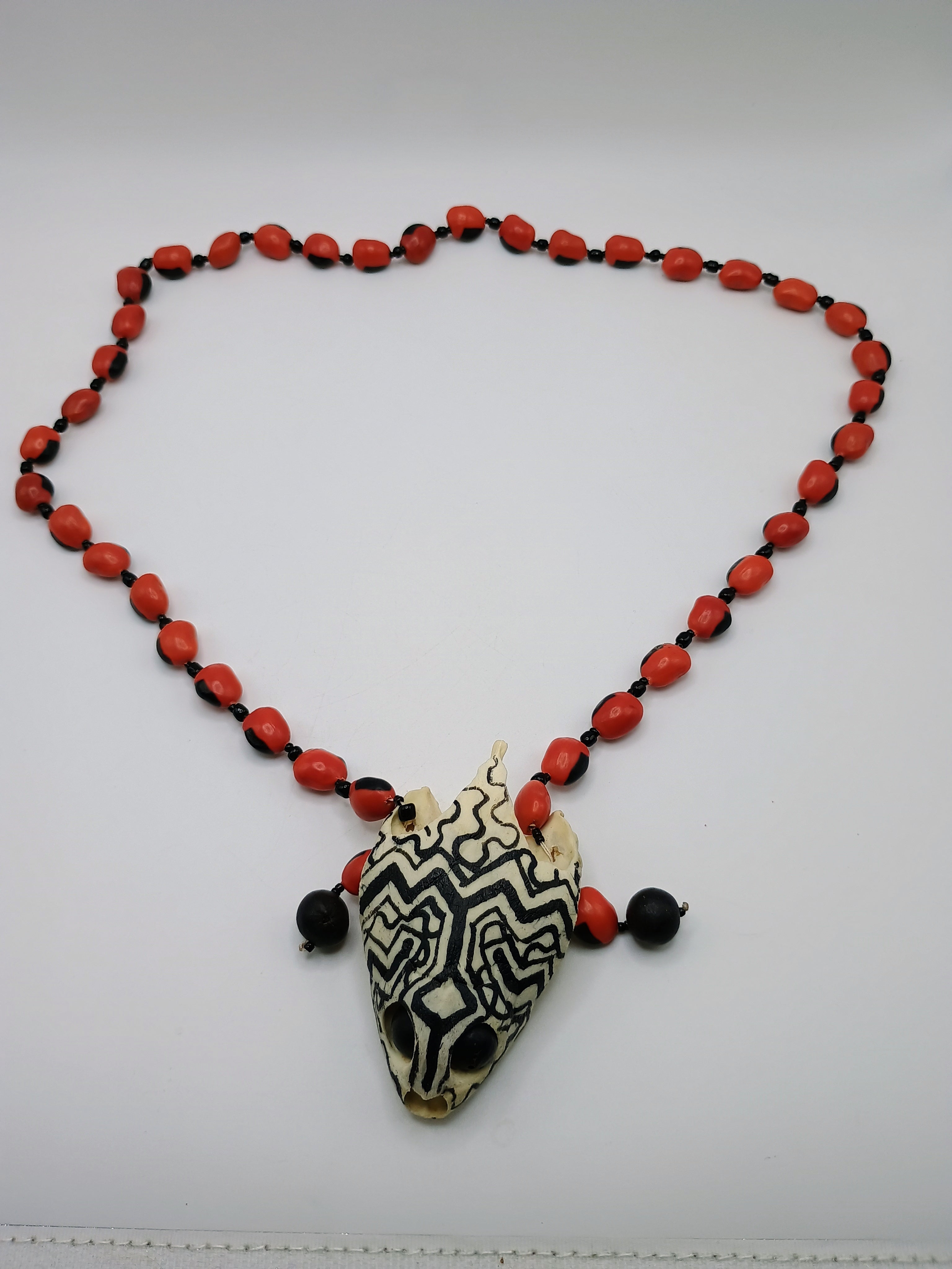 Handmade Tribal Necklace with Huayruro Seeds, Shamanic Pendant