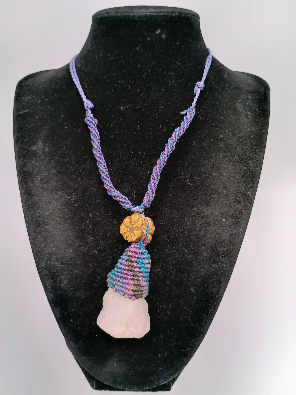 Natural Rose Quartz Necklace, Ayahuasca Flower Macrame Spiritual Amulet