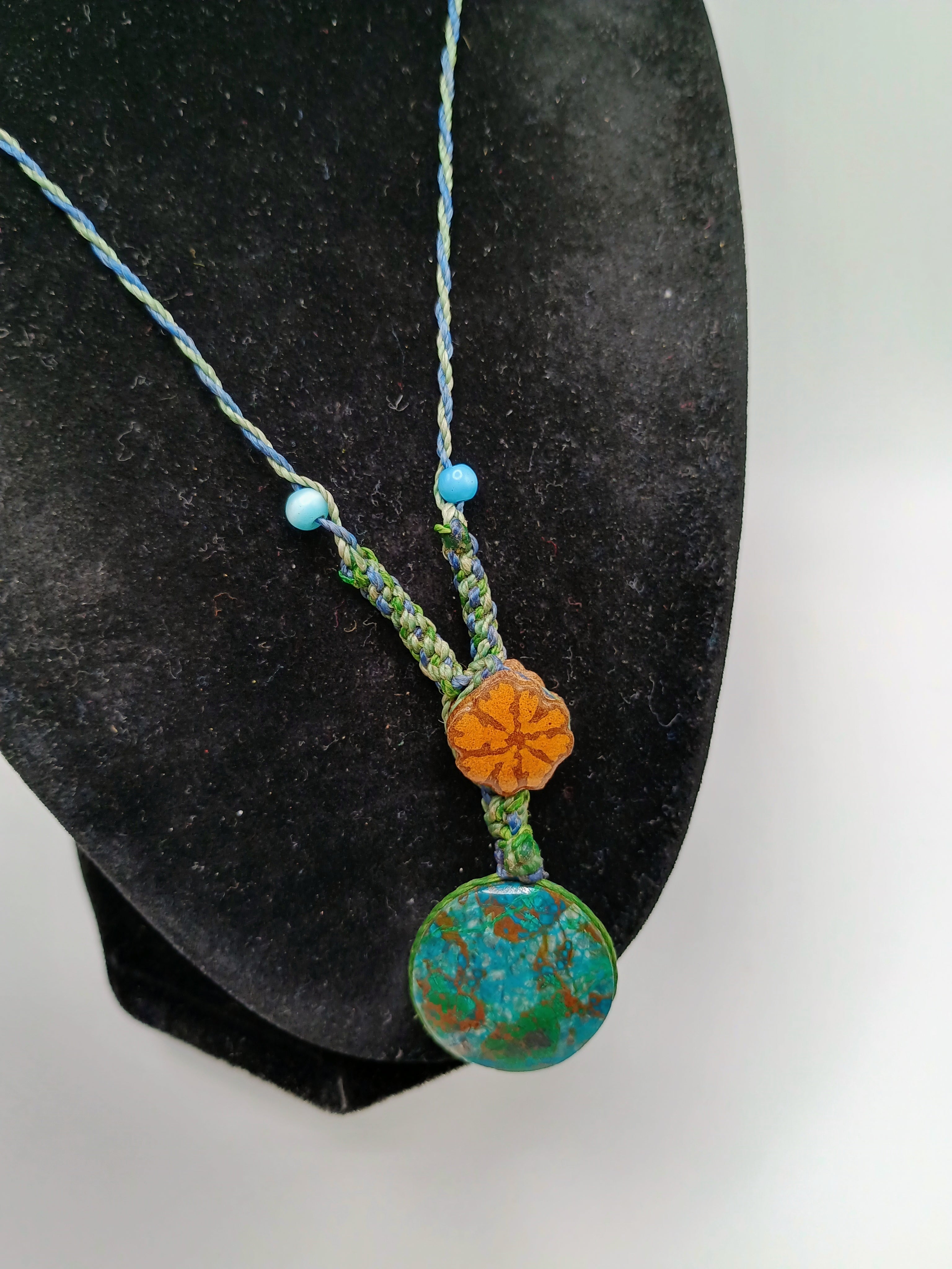 Macrame Necklace with Natural Turquoise and Ayahuasca Flower