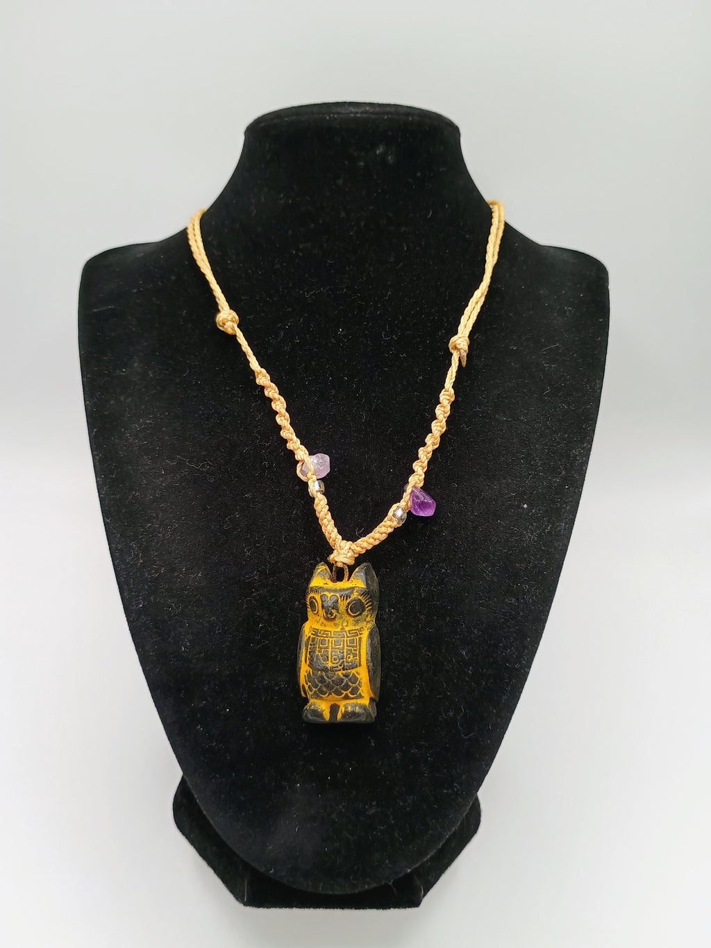 Handmade Macrame Necklace with Carved Pendant and Natural Amethyst Stones