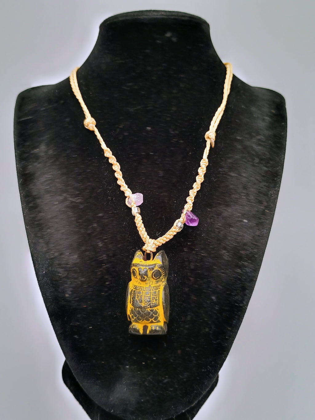 Handmade Macrame Necklace with Carved Pendant and Natural Amethyst Stones