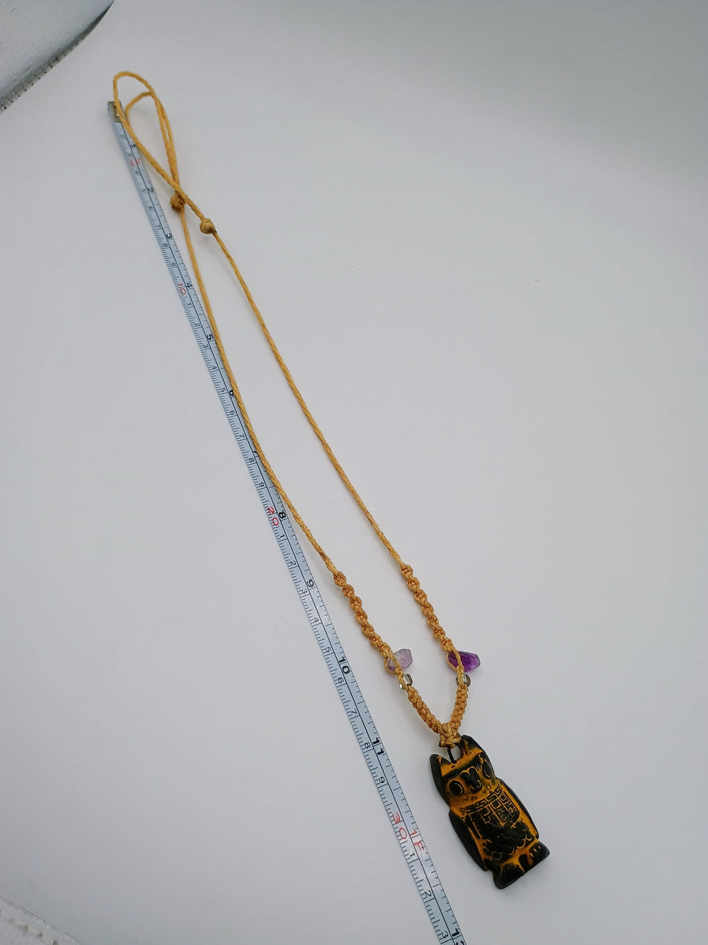 Handmade Macrame Necklace with Carved Pendant and Natural Amethyst Stones
