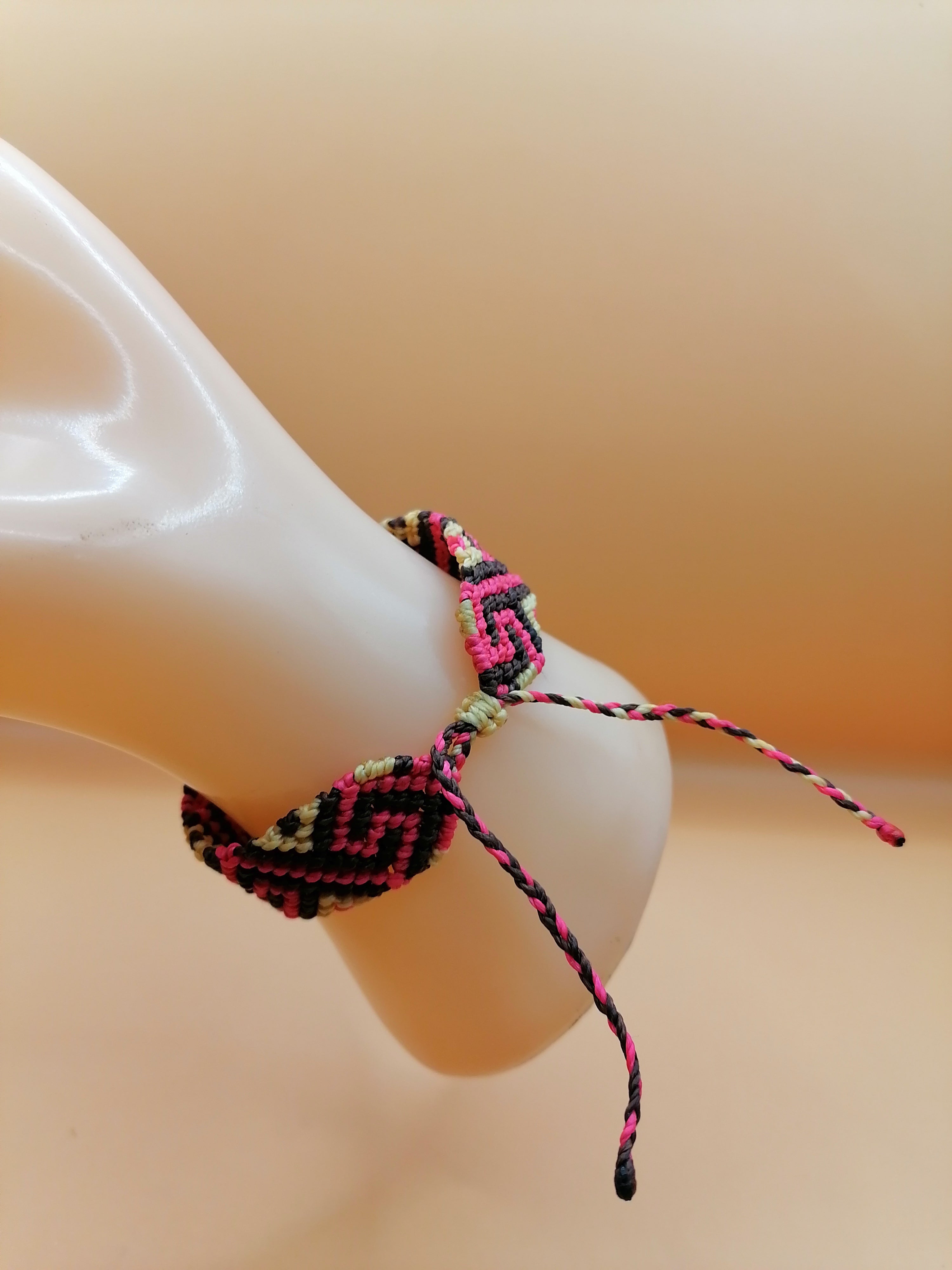 Inca Labyrinth Bracelet Woven Macrame Adjustable Pink Black