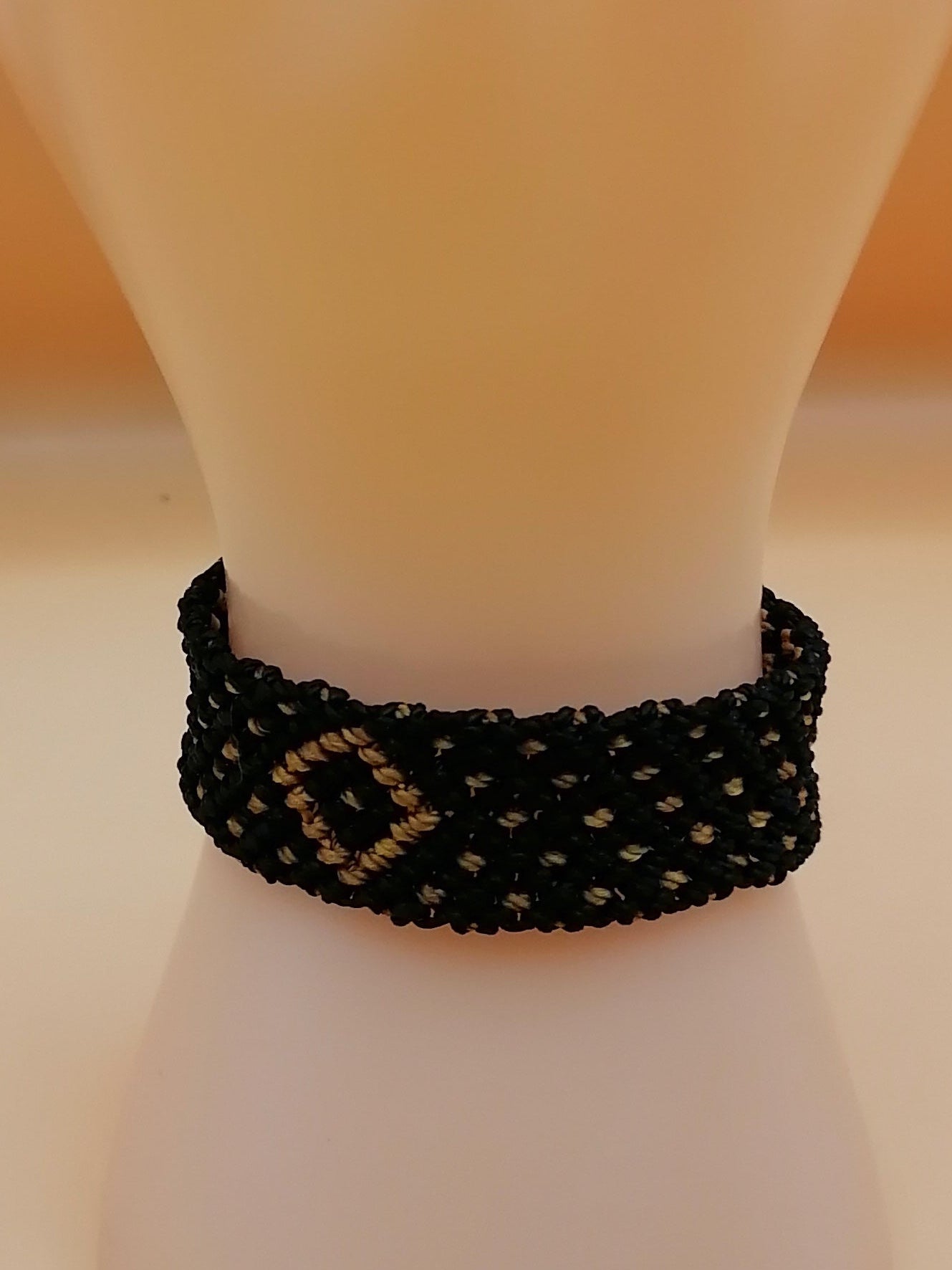 Black Macrame Bracelet with Golden Geometric Designs, Hand-Woven Bracelet