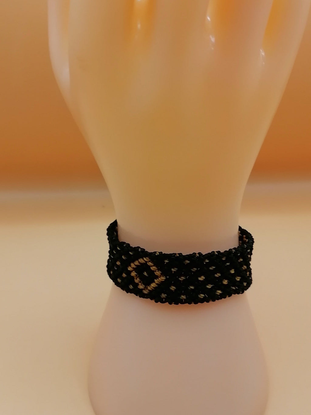 Black Macrame Bracelet with Golden Geometric Designs, Hand-Woven Bracelet