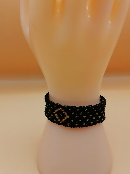 Black Macrame Bracelet with Golden Geometric Designs, Hand-Woven Bracelet