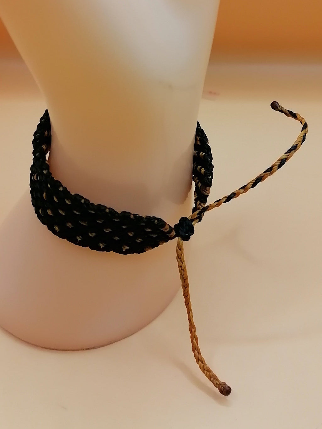 Black Macrame Bracelet with Golden Geometric Designs, Hand-Woven Bracelet