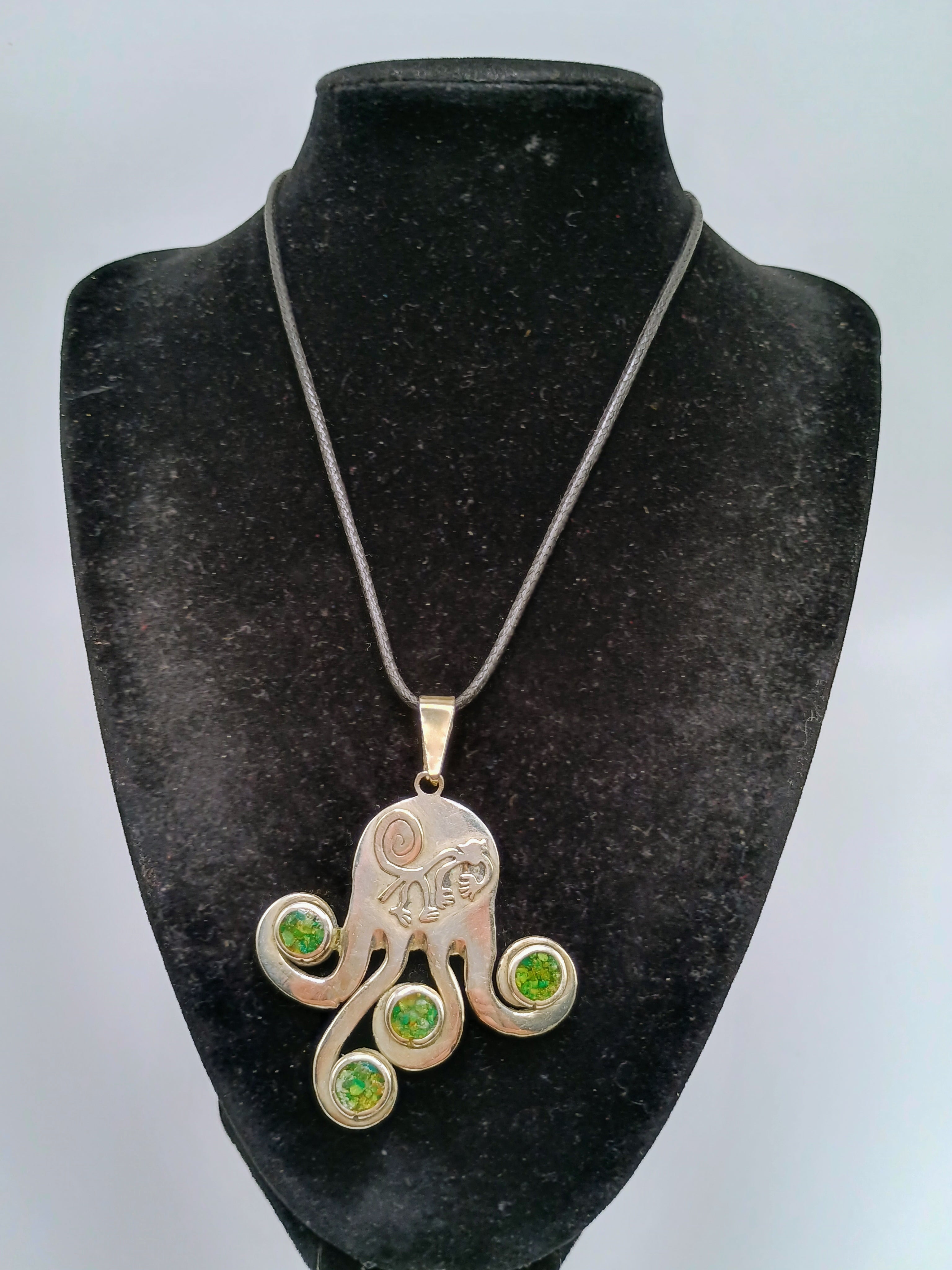 Octopus Necklace Monkey Pendant Nazca Lines Green Stones