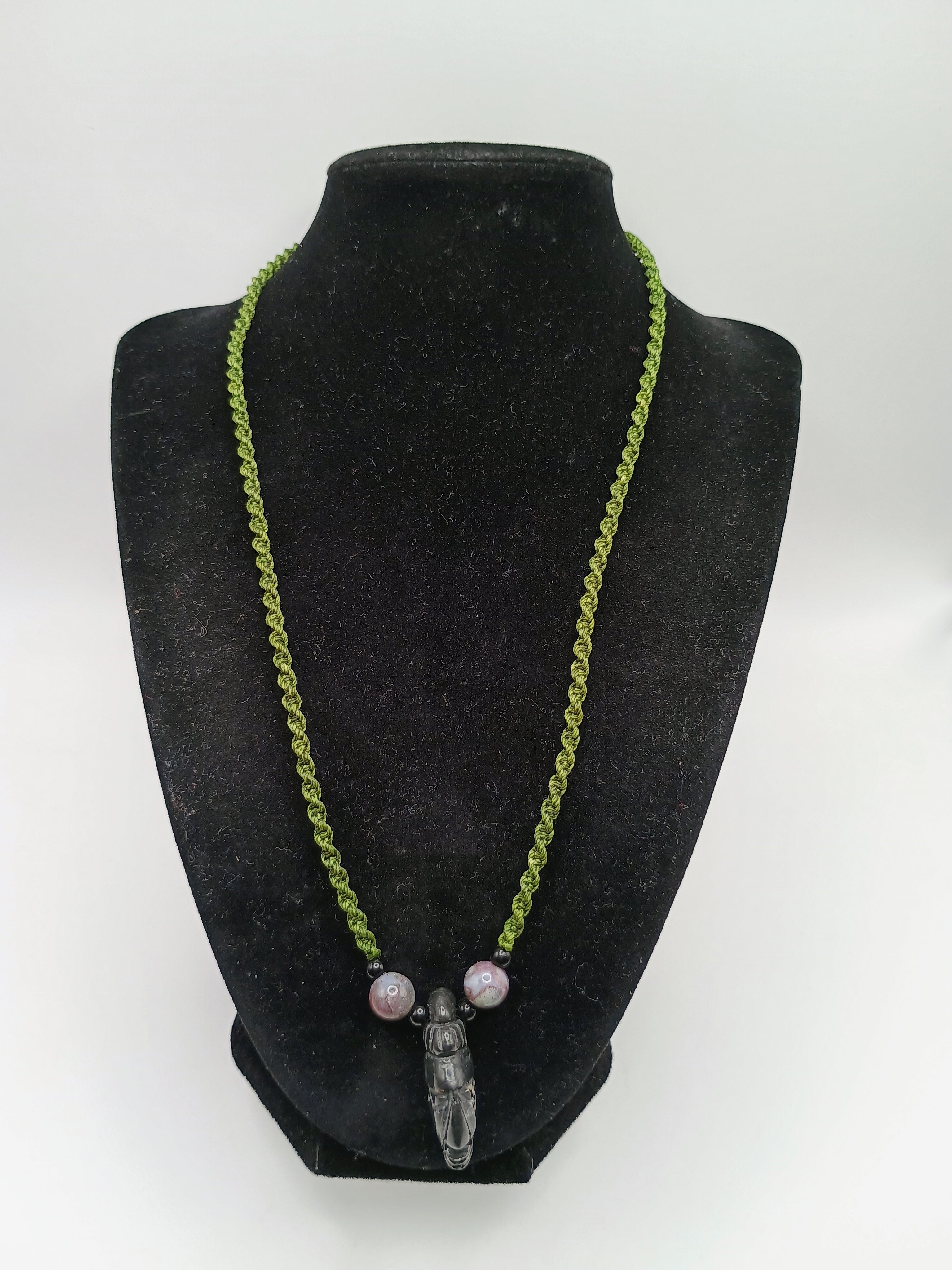 Inca Macrame Necklace Pendant with Hand-Carved Black Stone
