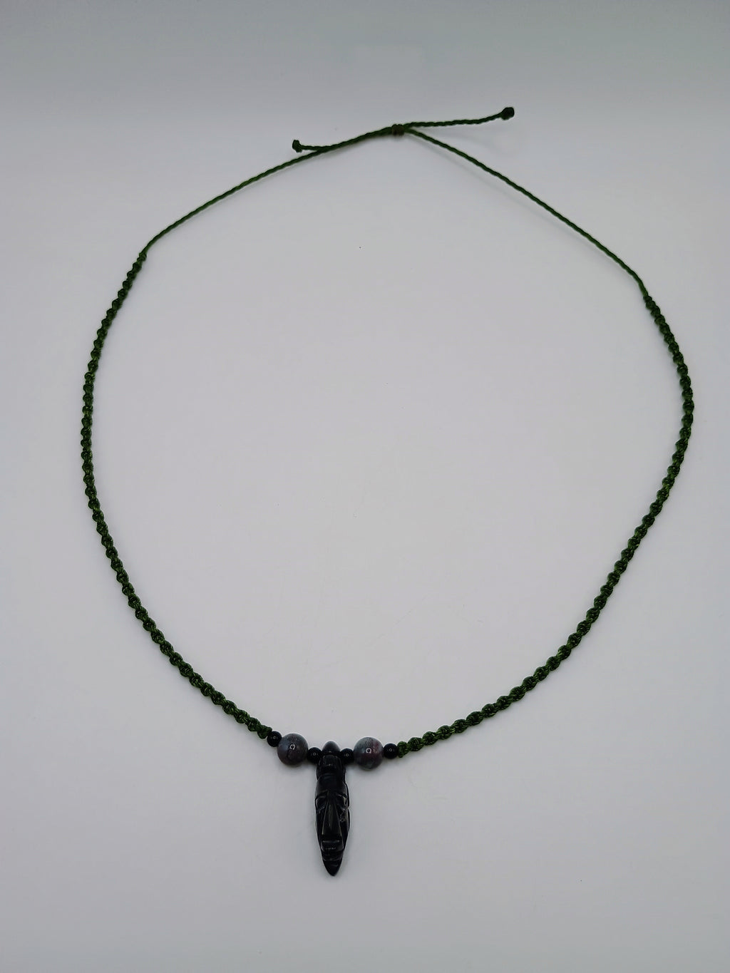 Inca Macrame Necklace Pendant with Hand-Carved Black Stone