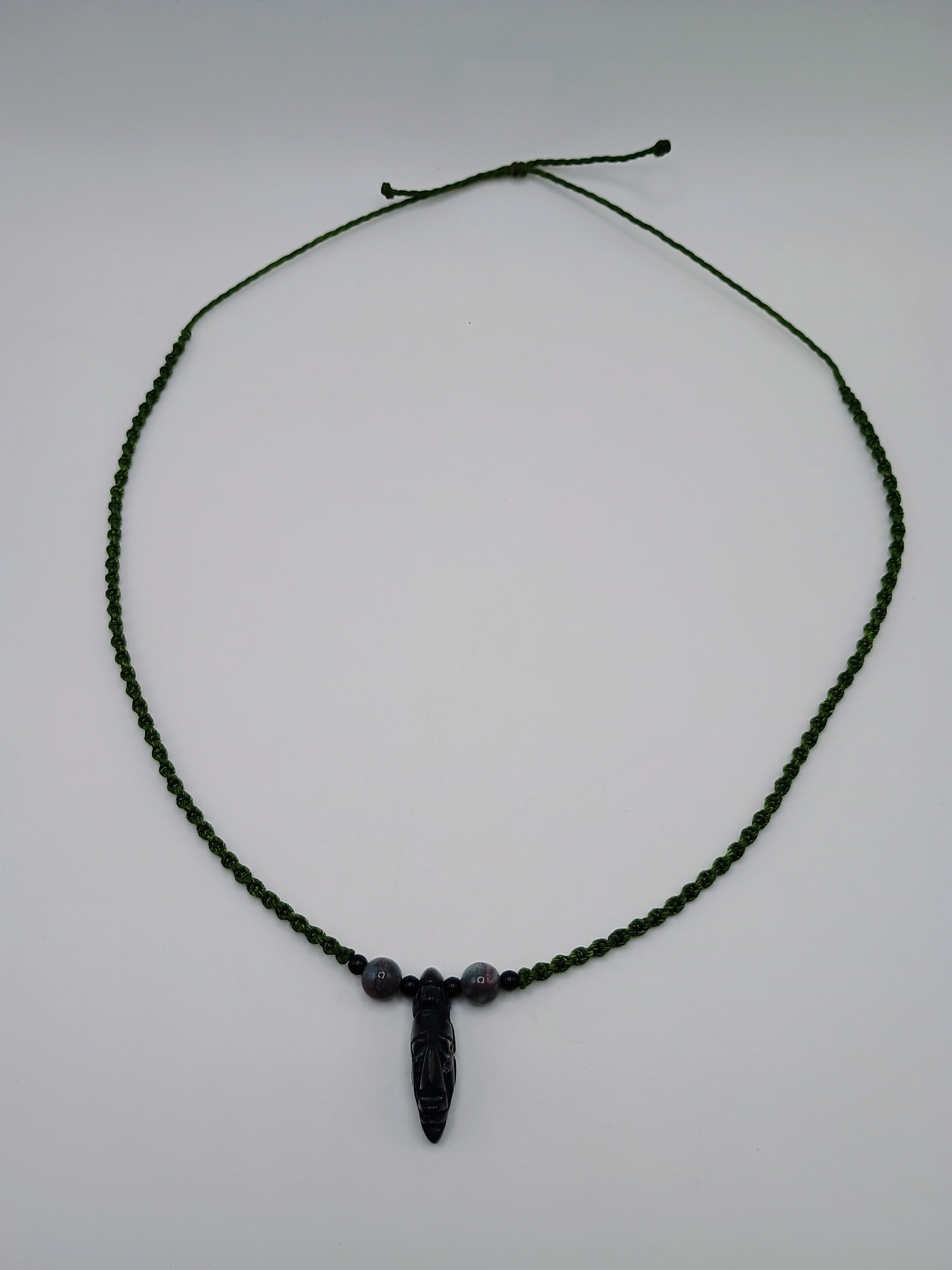 Inca Macrame Necklace Pendant with Hand-Carved Black Stone