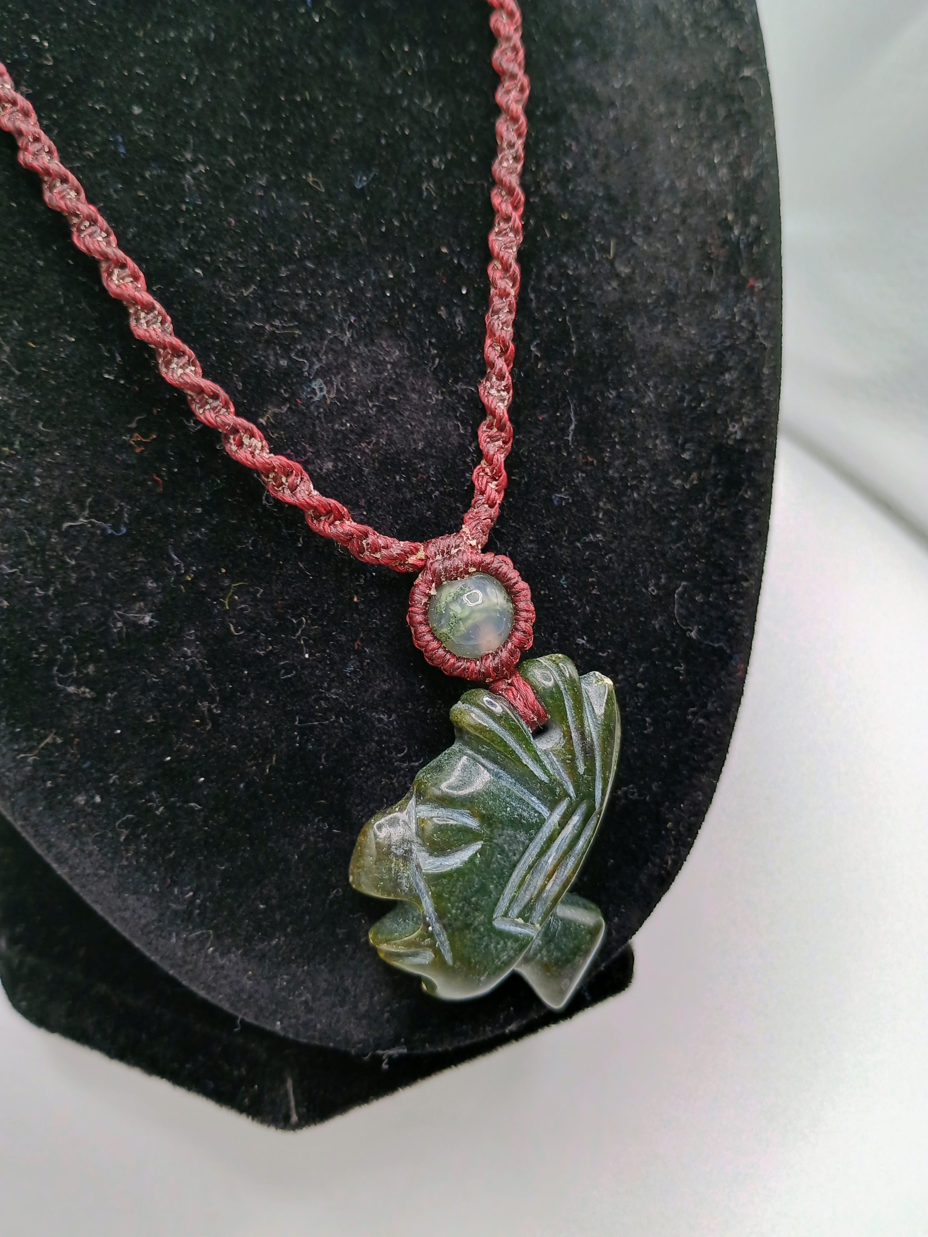 Handwoven Macrame Necklace with Inca Pachacuti Face and Natural Stone