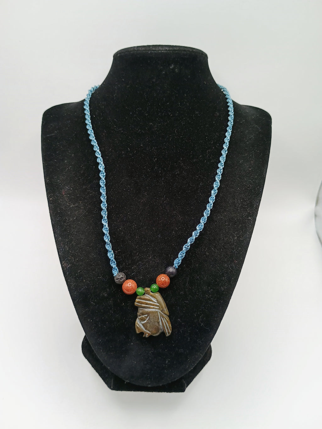 Macrame Necklace with Ancestral Face Carved Stone Pendant
