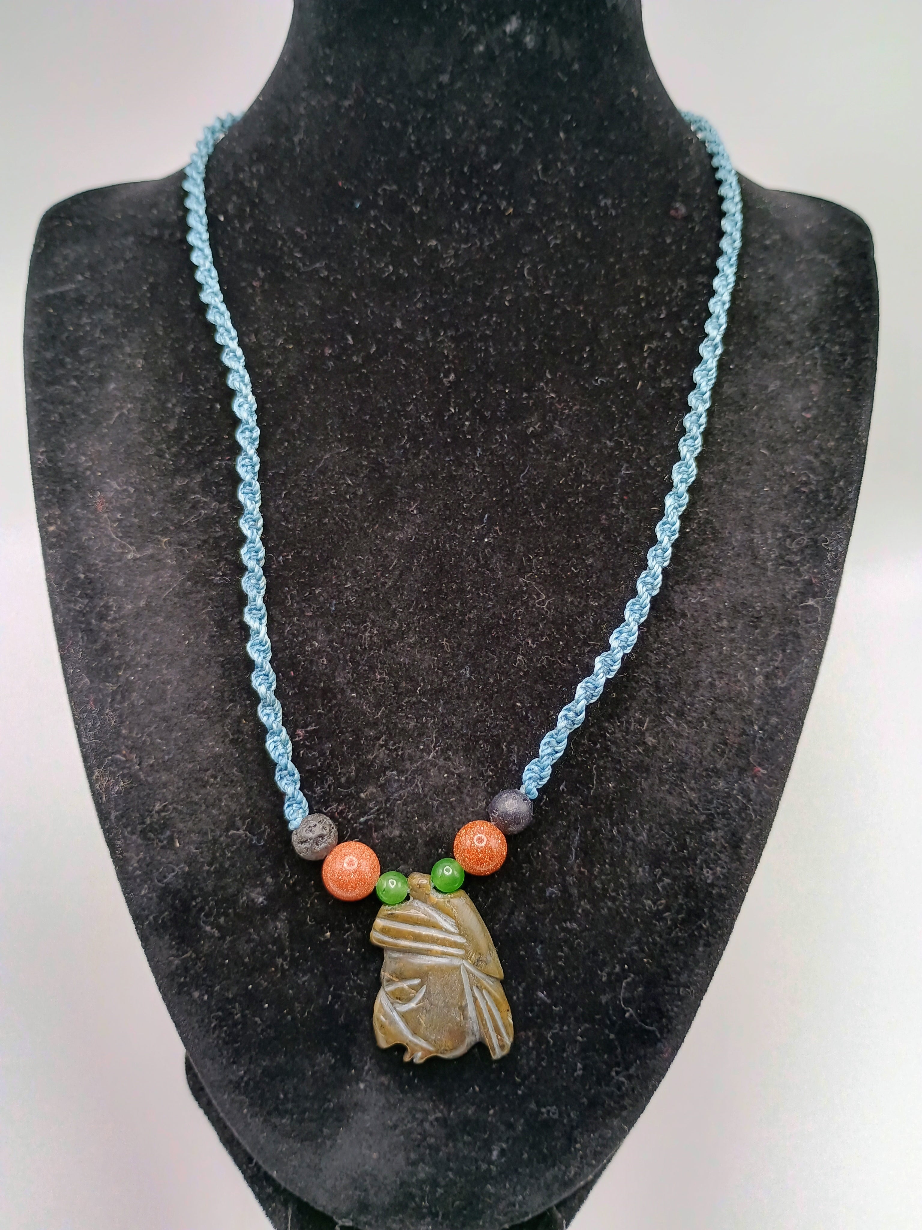 Macrame Necklace with Ancestral Face Carved Stone Pendant