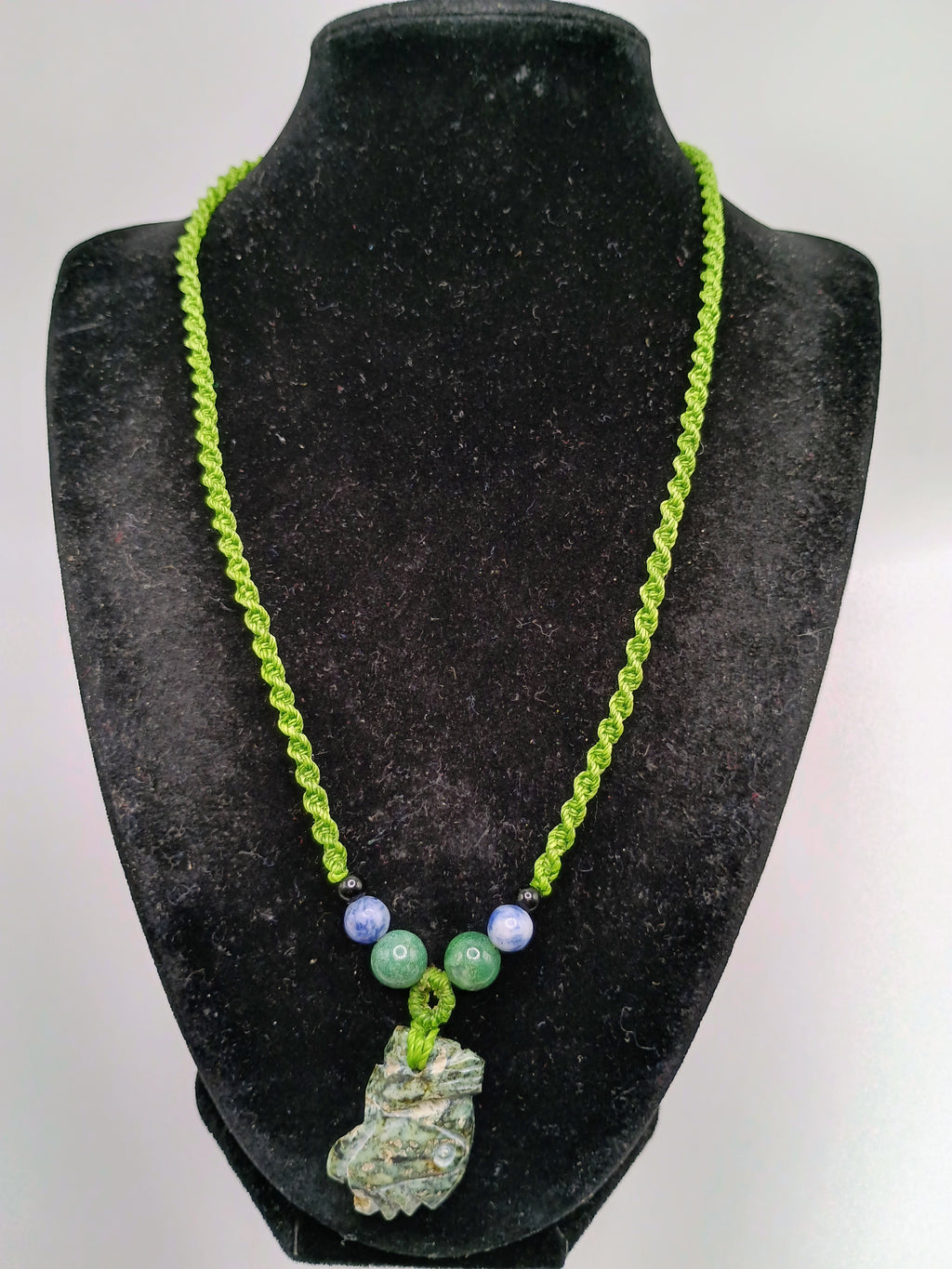 Green Macrame Necklace with Natural Carved Stone, Handwoven