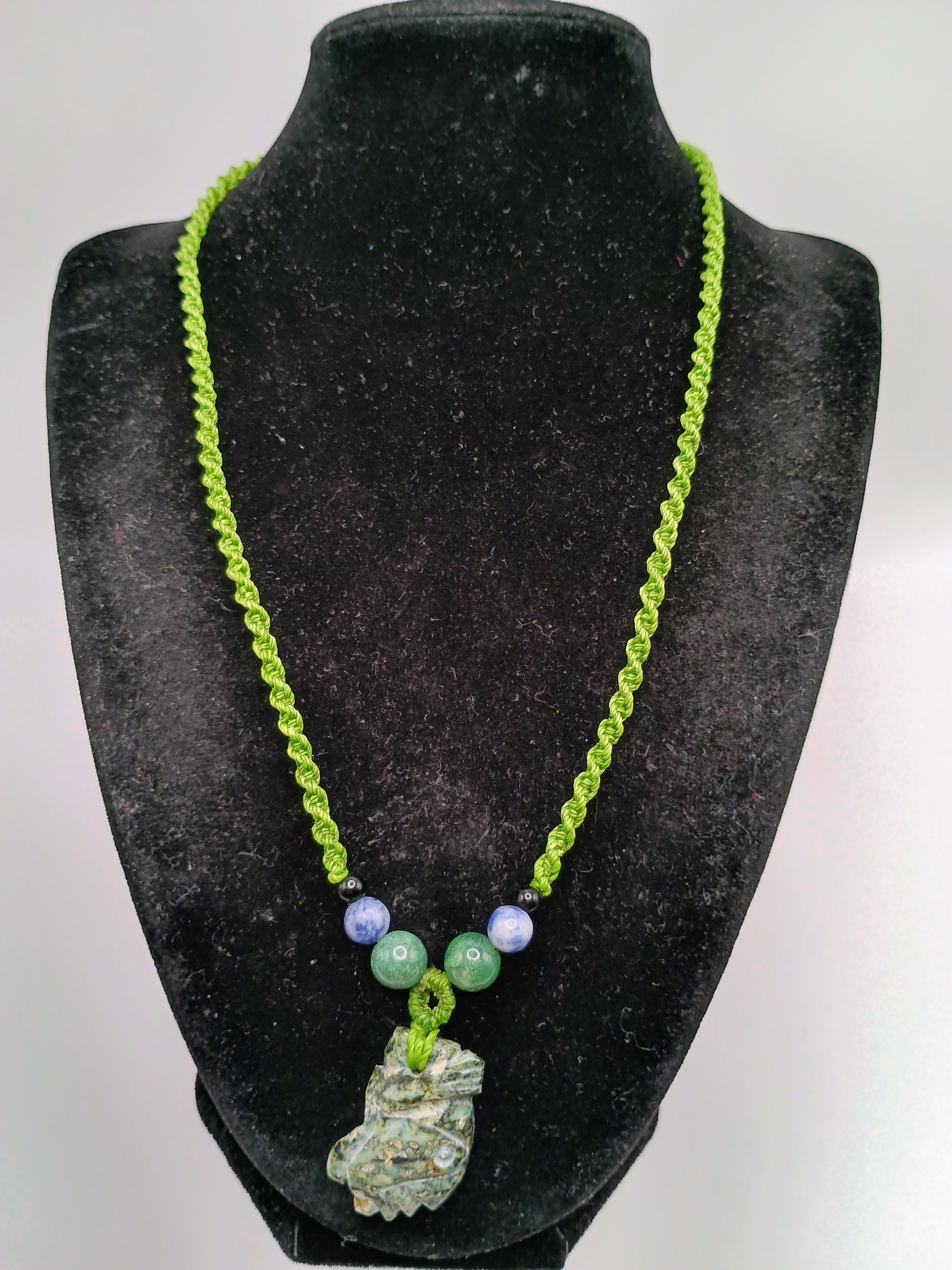 Green Macrame Necklace with Natural Carved Stone, Handwoven