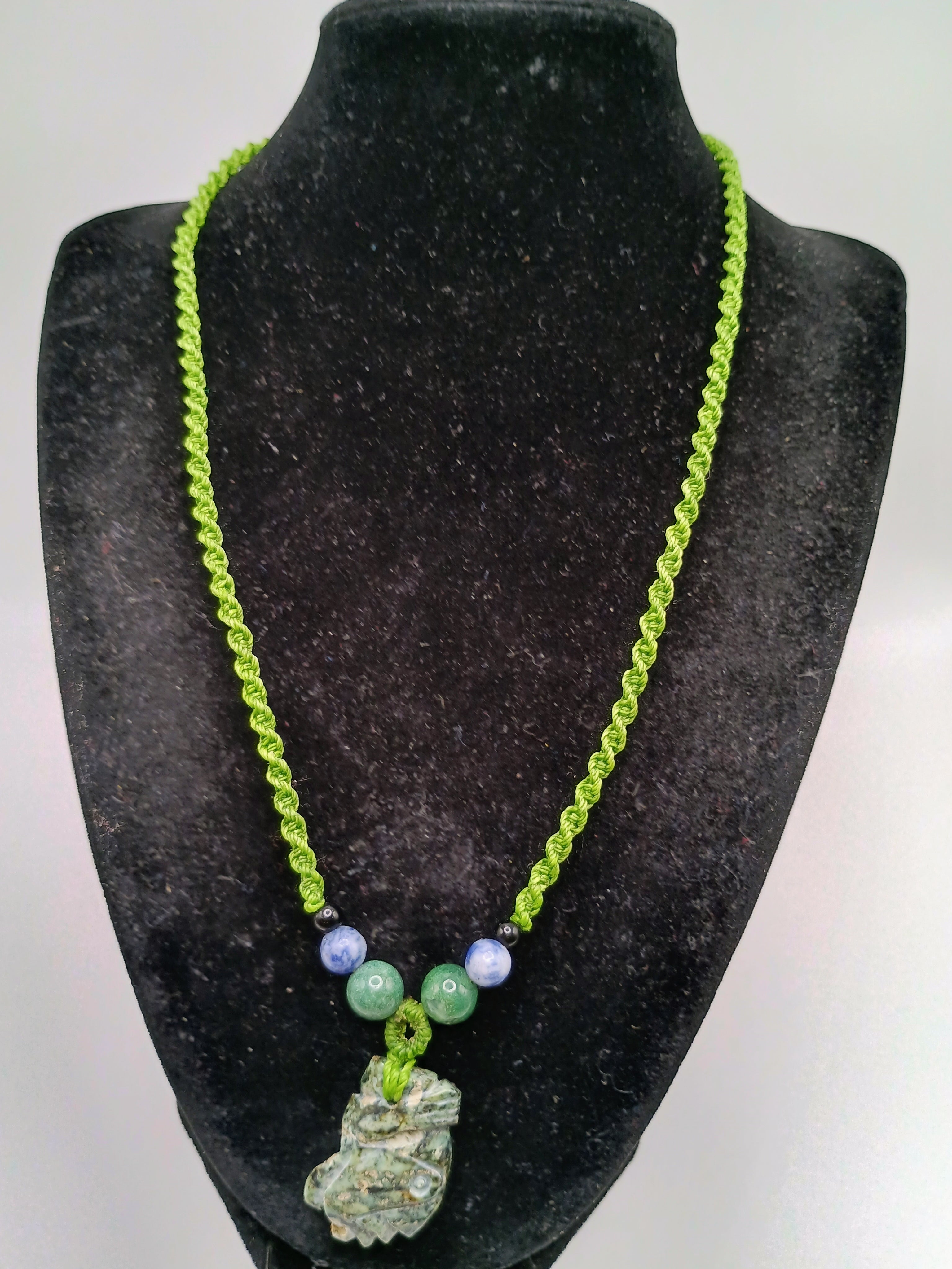 Green Macrame Necklace with Natural Carved Stone, Handwoven