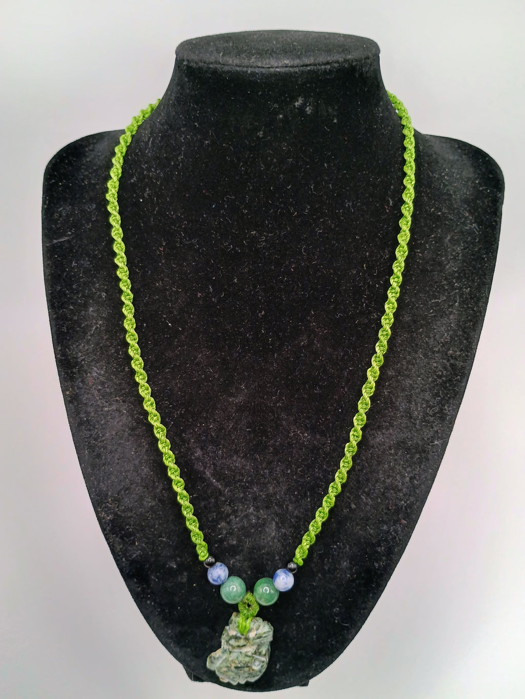Green Macrame Necklace with Natural Carved Stone, Handwoven