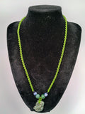 Green Macrame Necklace with Natural Carved Stone, Handwoven