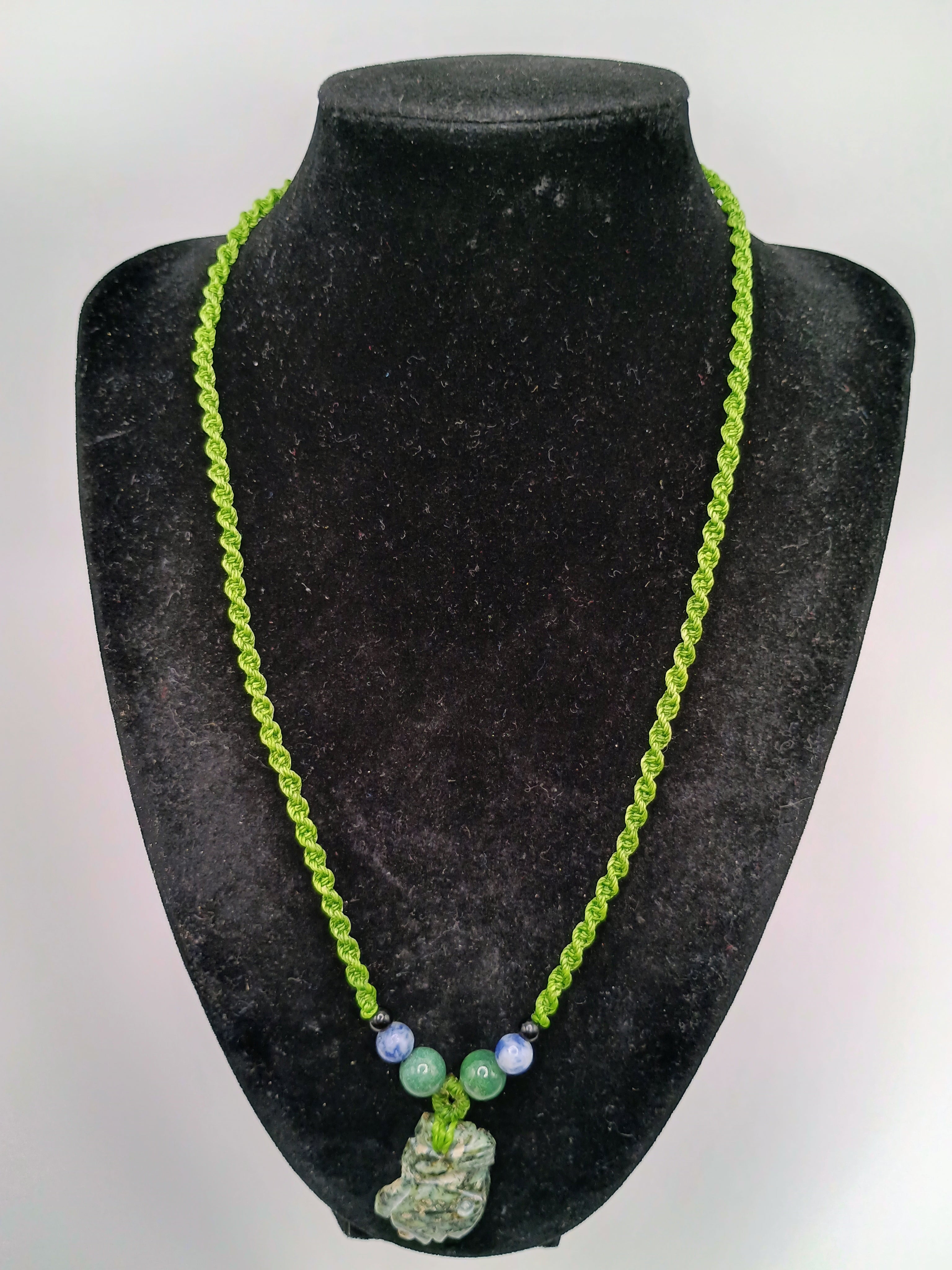 Green Macrame Necklace with Natural Carved Stone, Handwoven