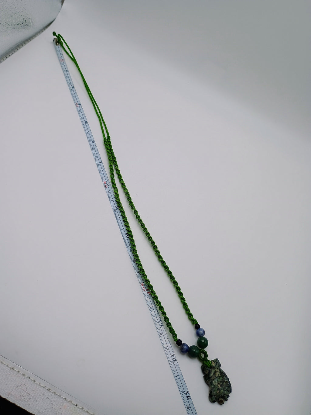 Green Macrame Necklace with Natural Carved Stone, Handwoven