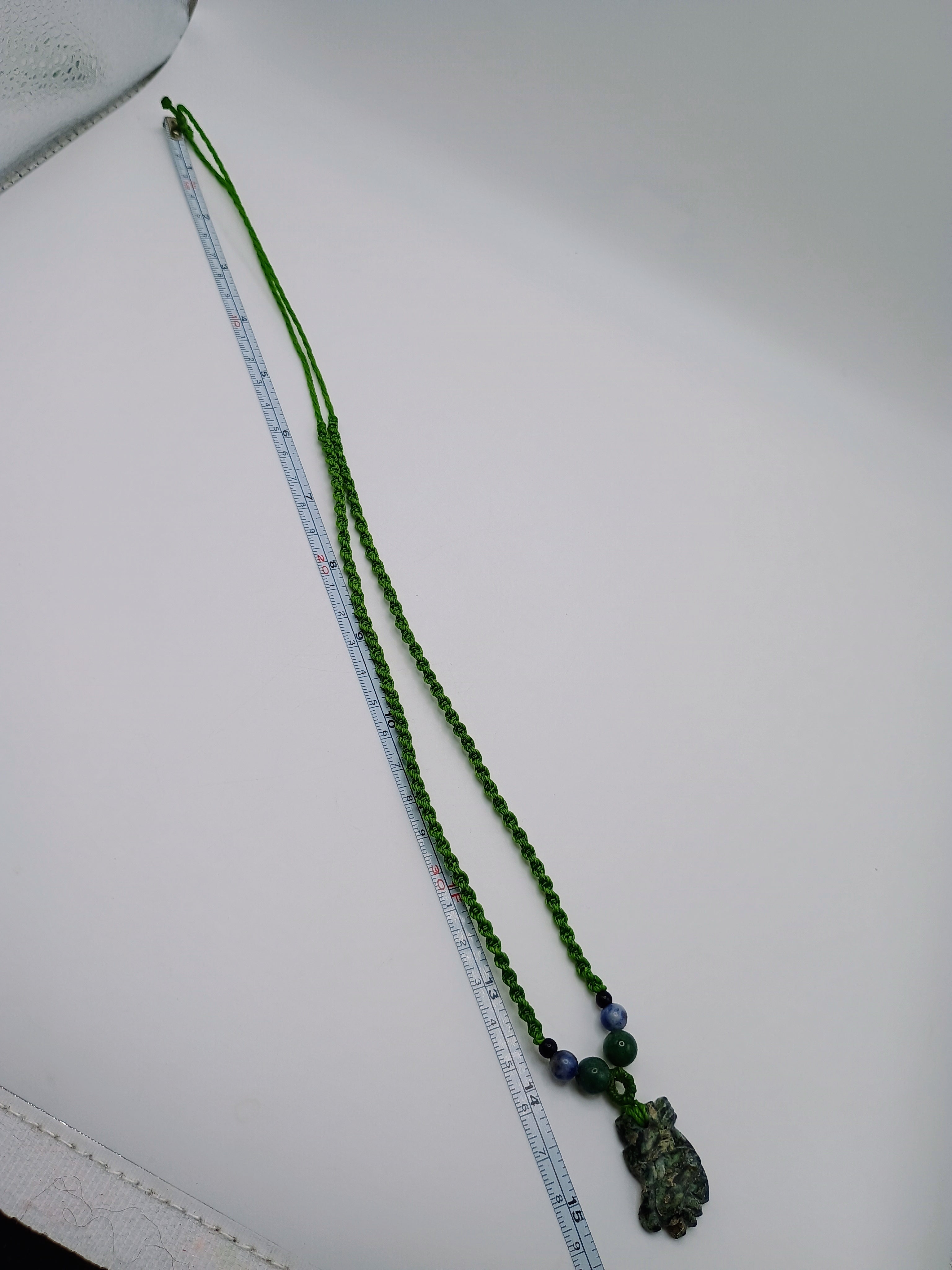 Green Macrame Necklace with Natural Carved Stone, Handwoven
