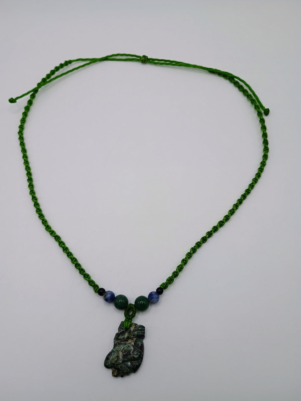 Green Macrame Necklace with Natural Carved Stone, Handwoven