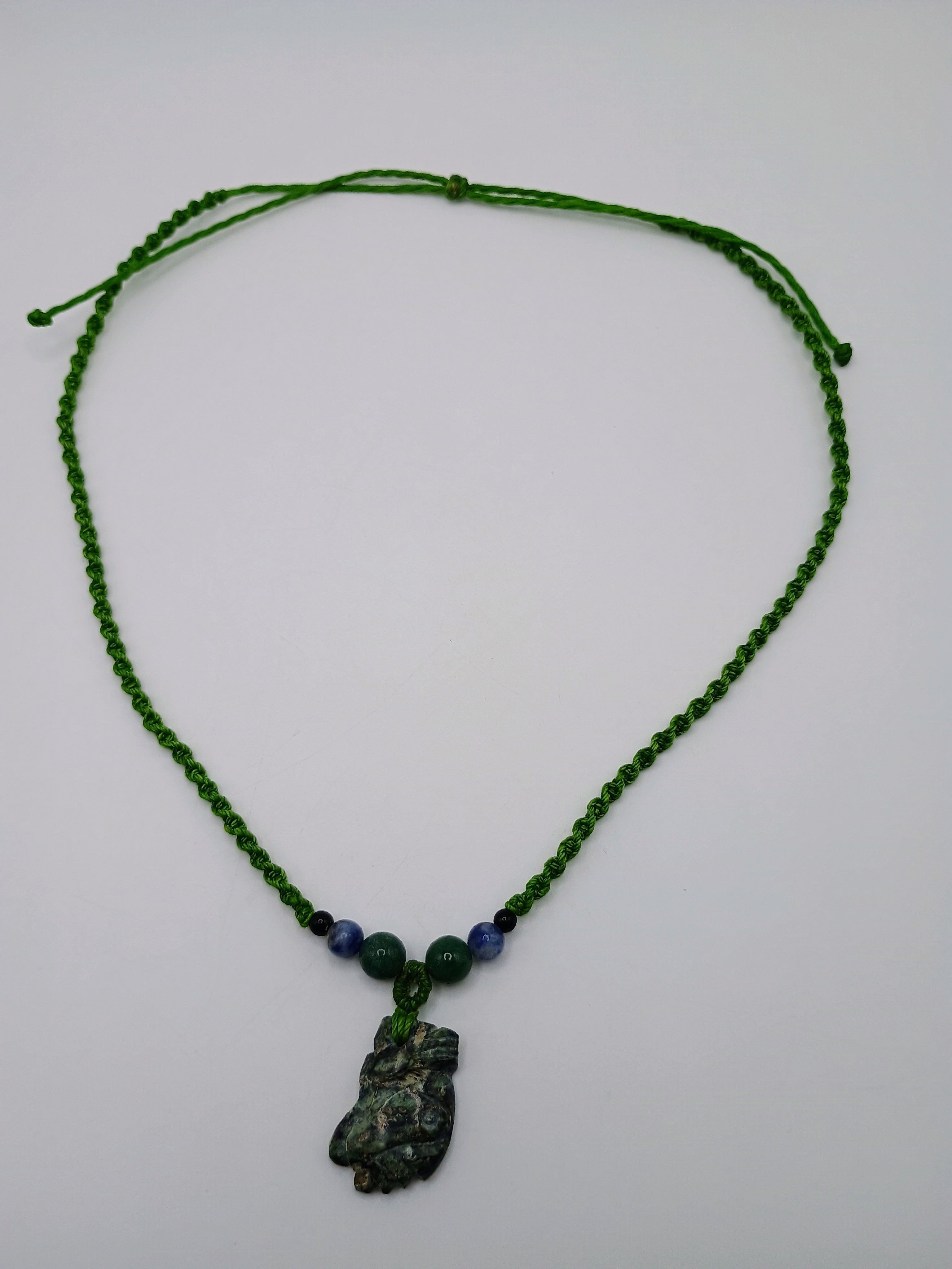 Green Macrame Necklace with Natural Carved Stone, Handwoven