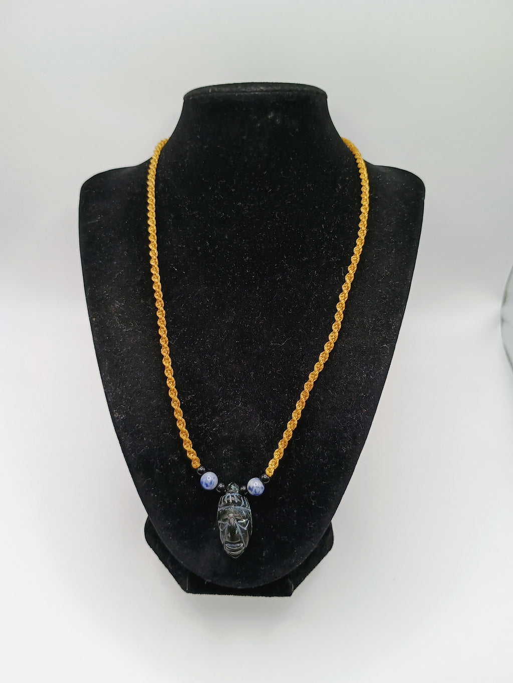 Macrame Necklace Pendant Inca Manco Capac Mask Natural Stone