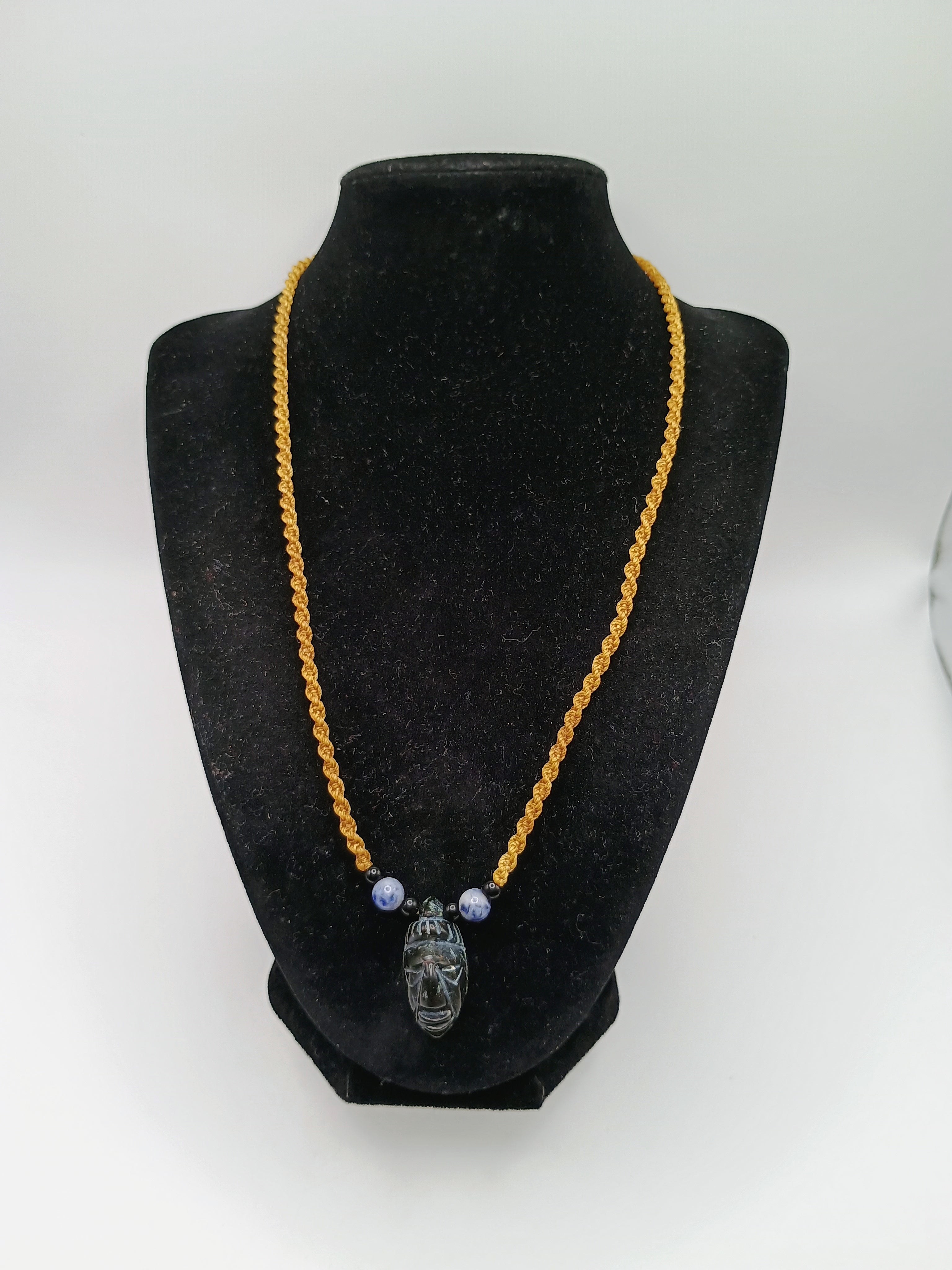 Macrame Necklace Pendant Inca Manco Capac Mask Natural Stone