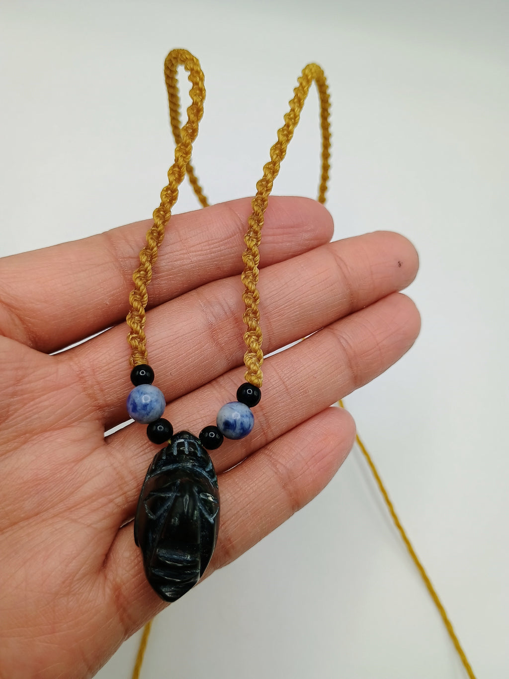 Macrame Necklace Pendant Inca Manco Capac Mask Natural Stone