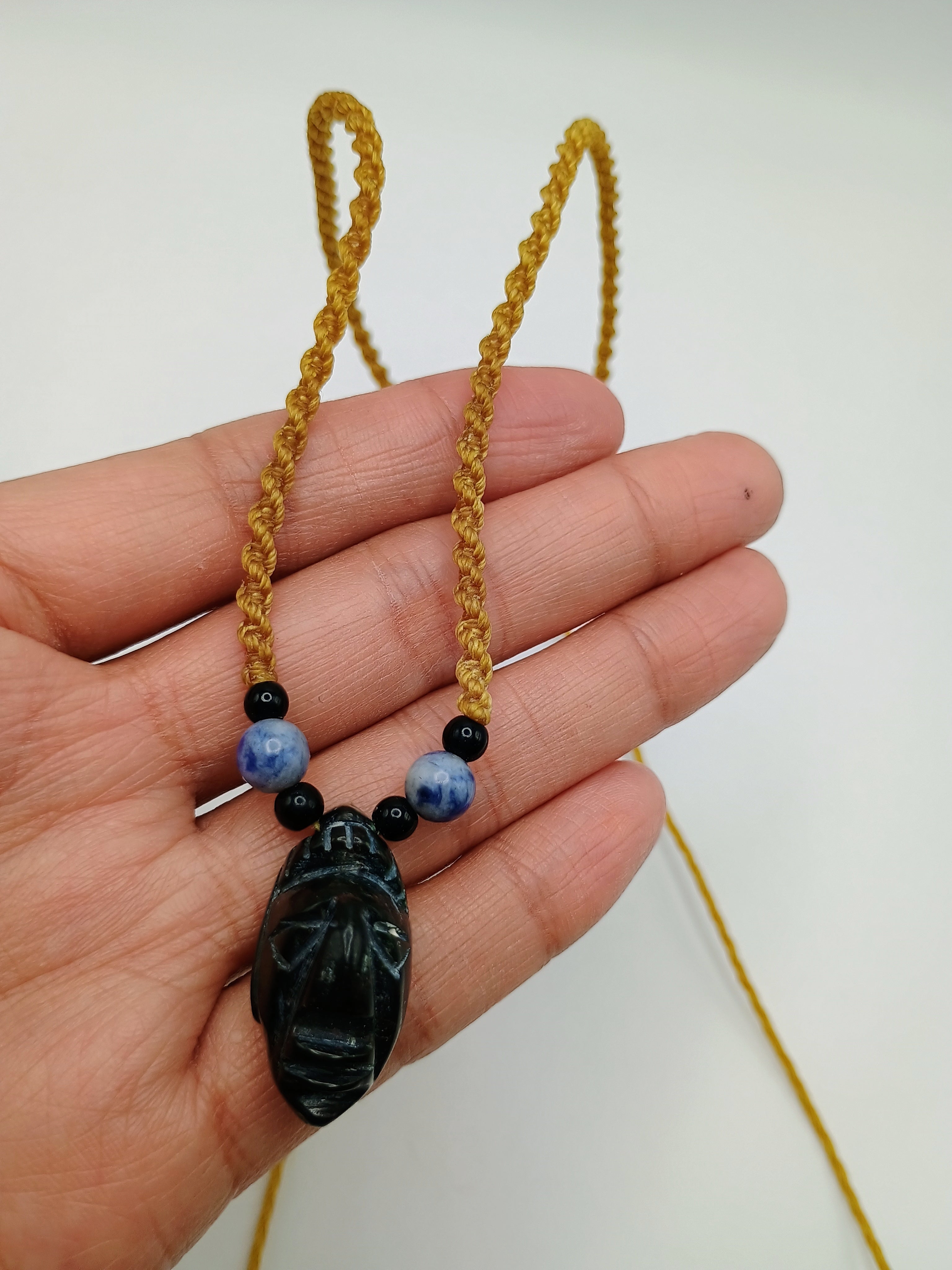 Macrame Necklace Pendant Inca Manco Capac Mask Natural Stone
