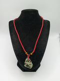 Red Macrame Necklace with Carved Natural Stone Pendant
