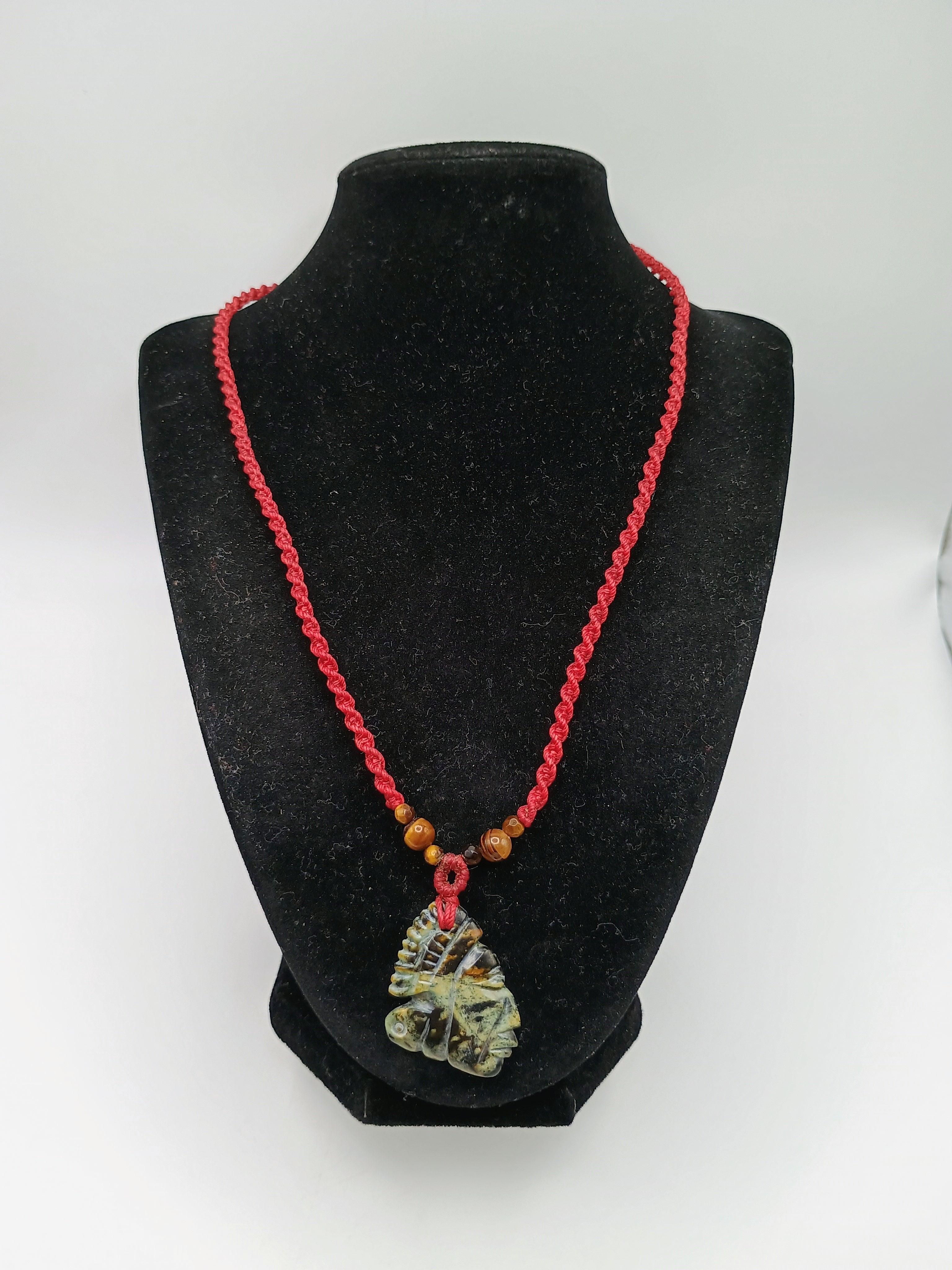 Red Macrame Necklace with Carved Natural Stone Pendant