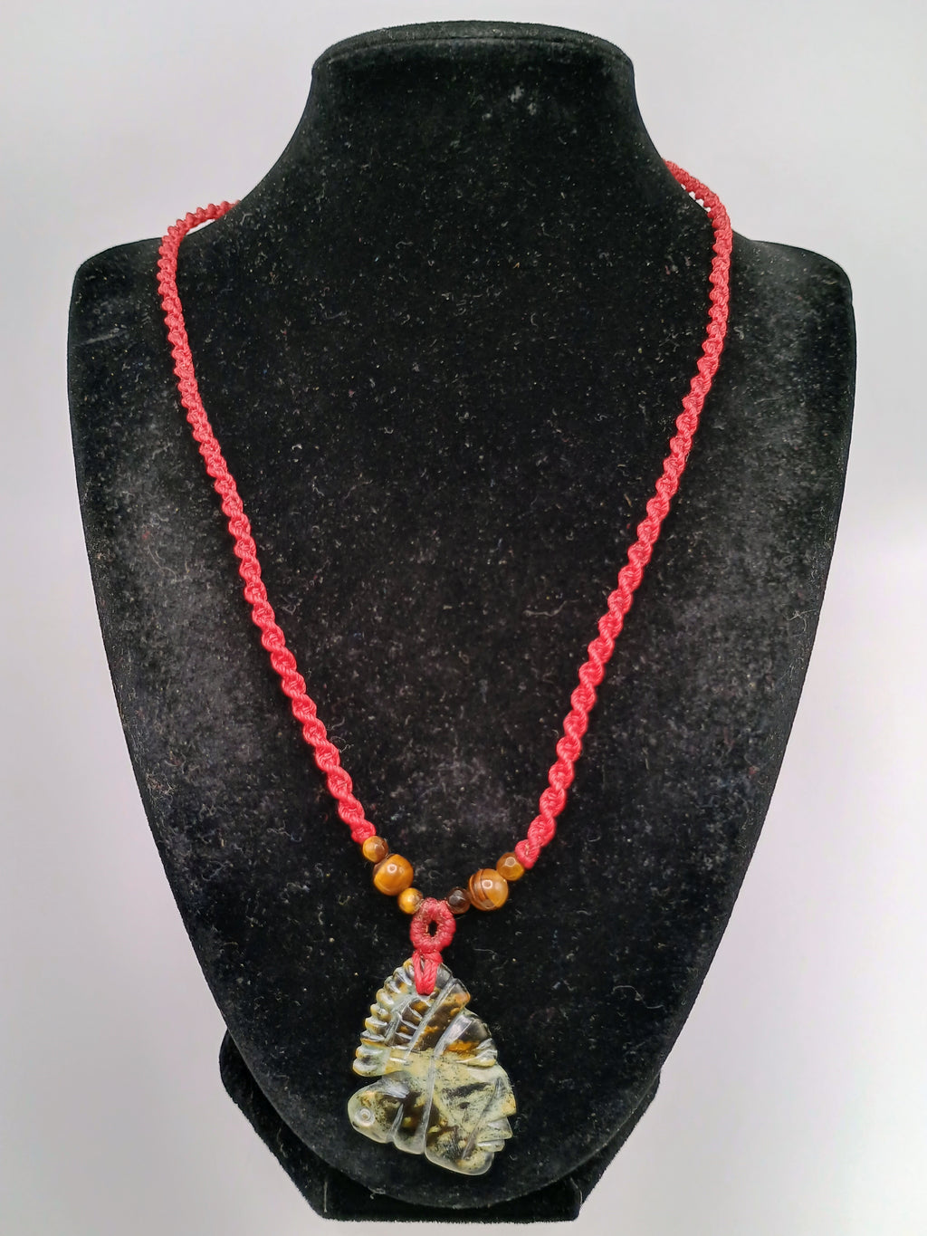 Red Macrame Necklace with Carved Natural Stone Pendant