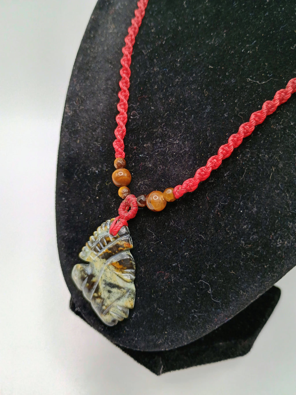 Red Macrame Necklace with Carved Natural Stone Pendant