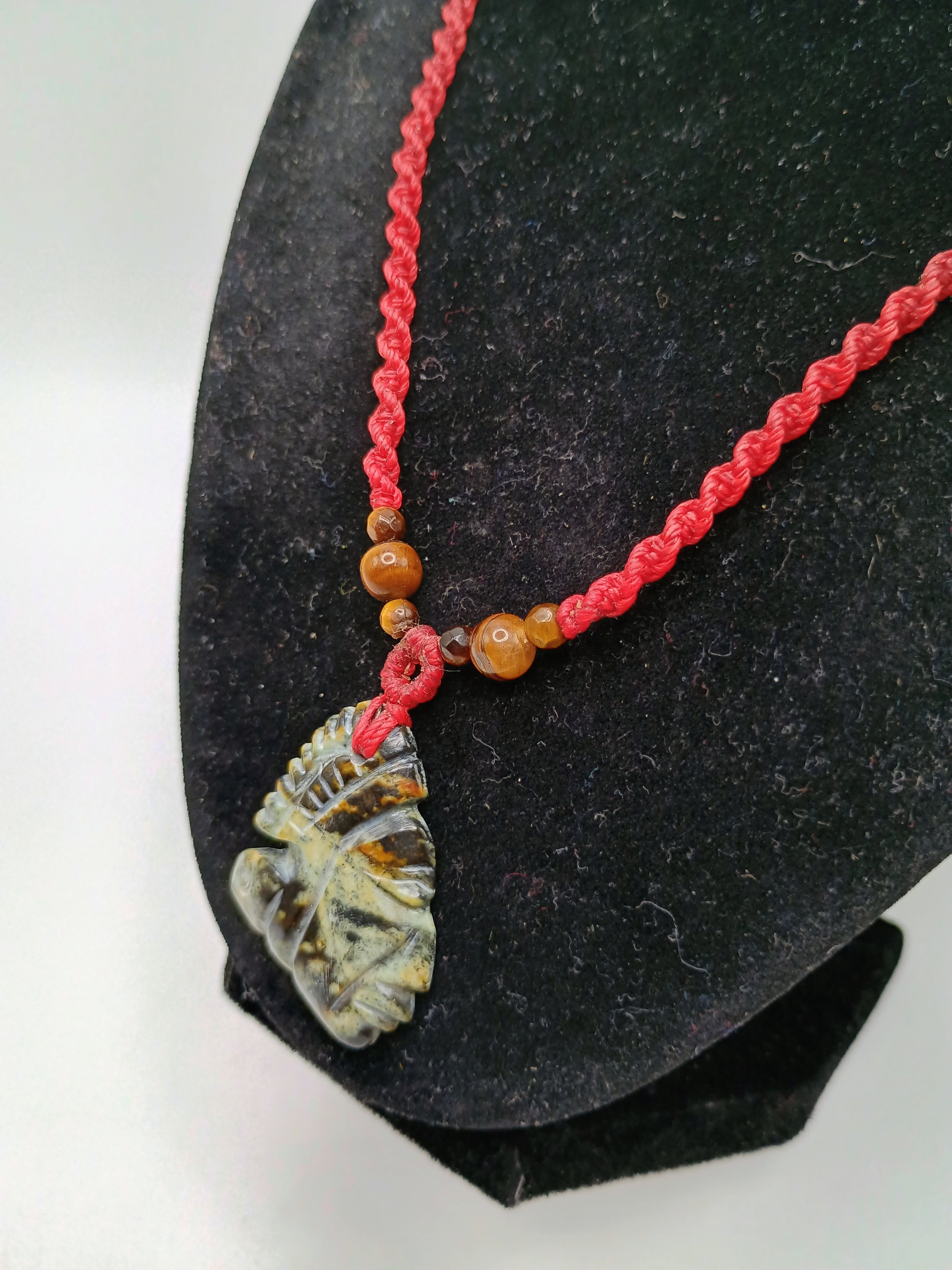 Red Macrame Necklace with Carved Natural Stone Pendant