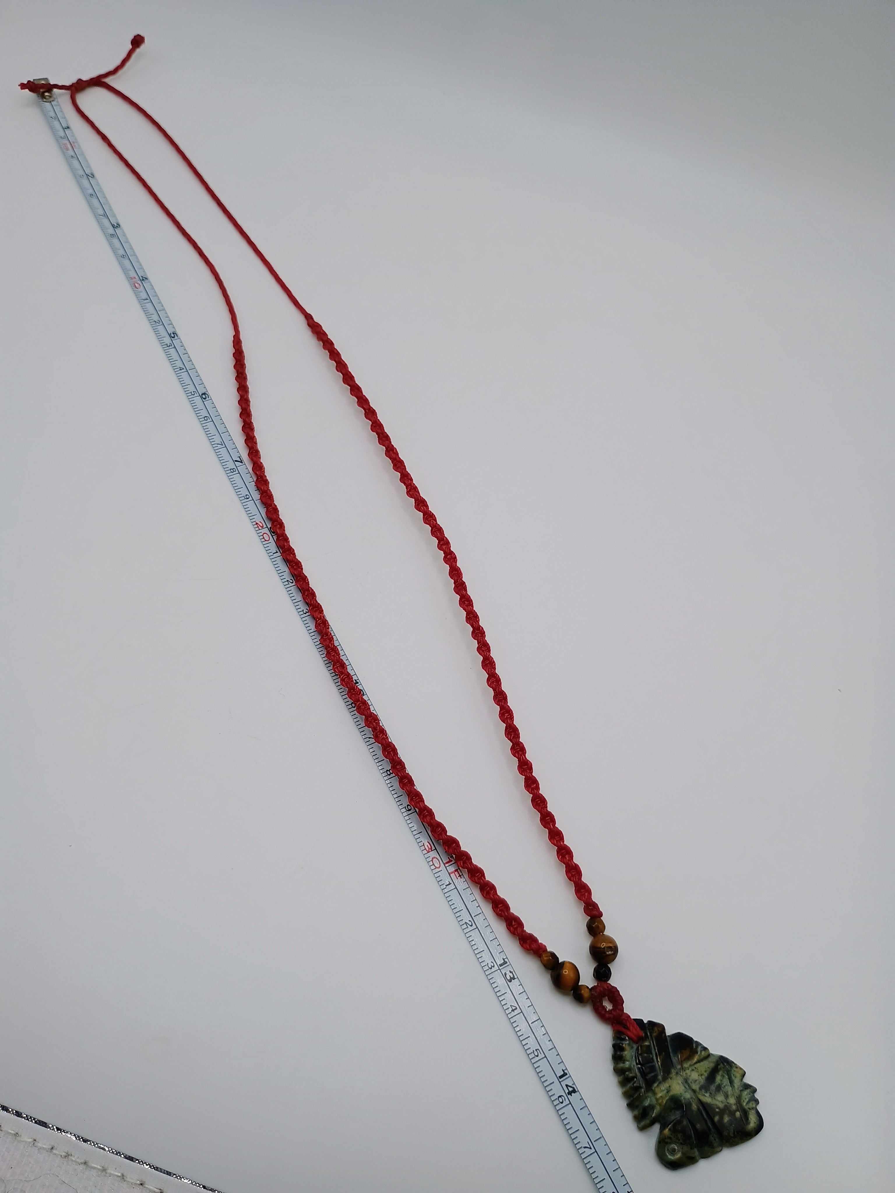 Red Macrame Necklace with Carved Natural Stone Pendant