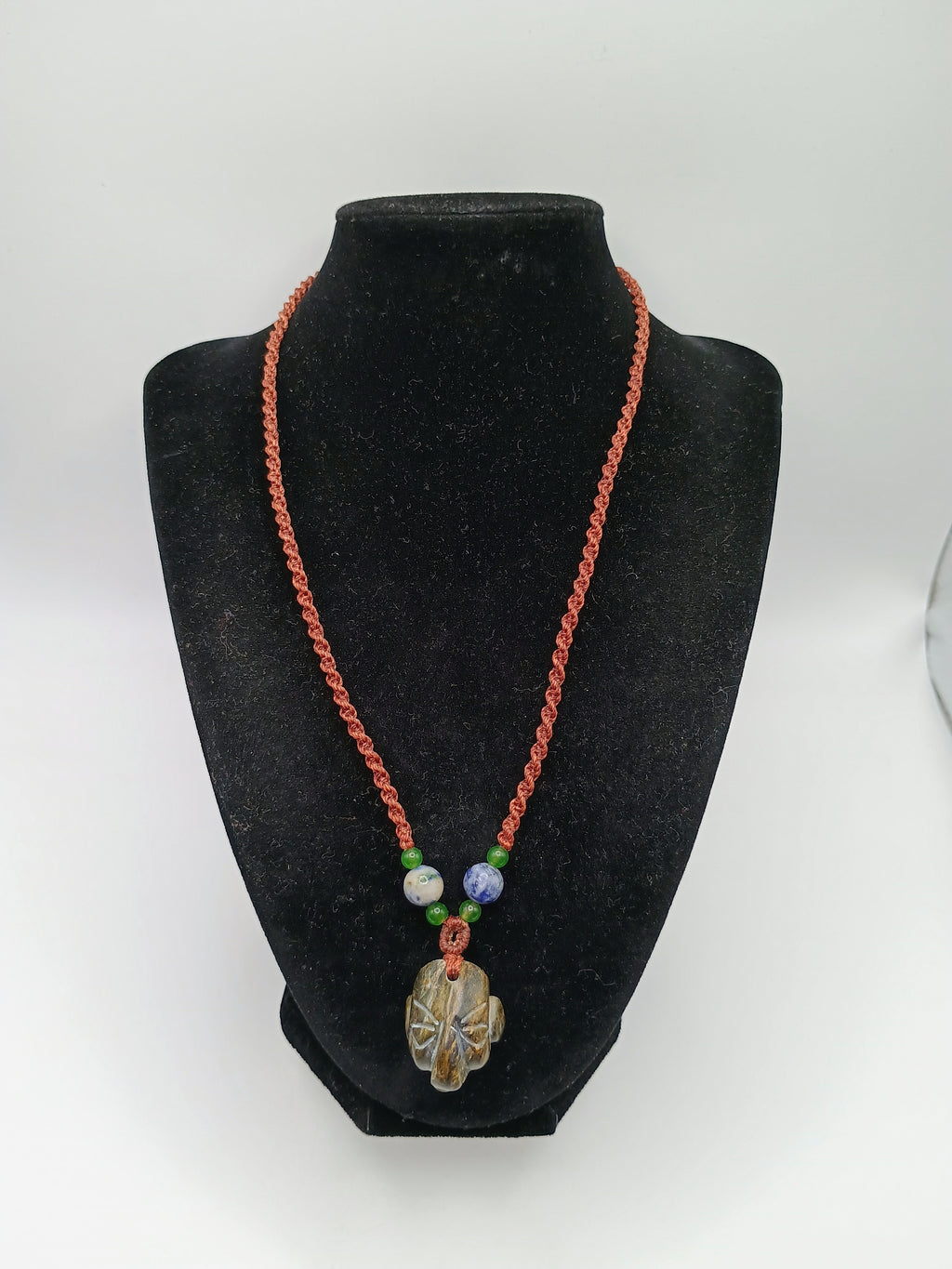 Handmade Macrame Necklace with Inca Mask and Natural Stone