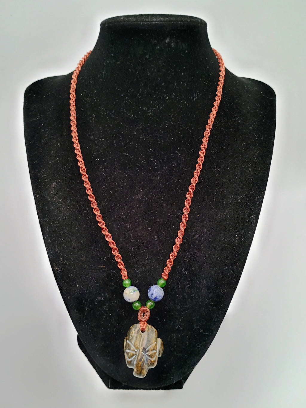 Handmade Macrame Necklace with Inca Mask and Natural Stone