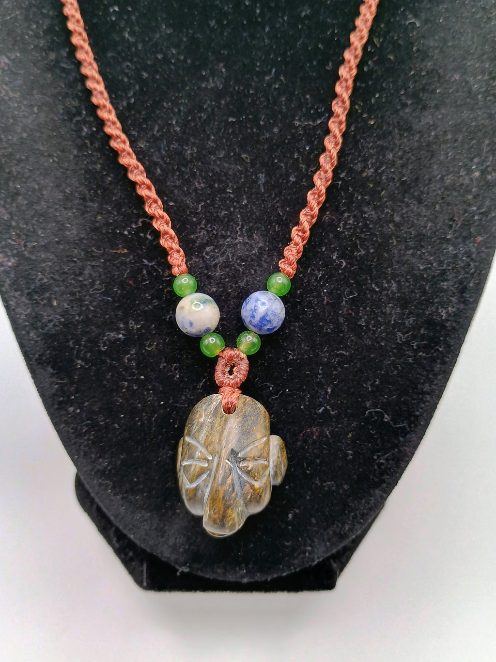 Handmade Macrame Necklace with Inca Mask and Natural Stone