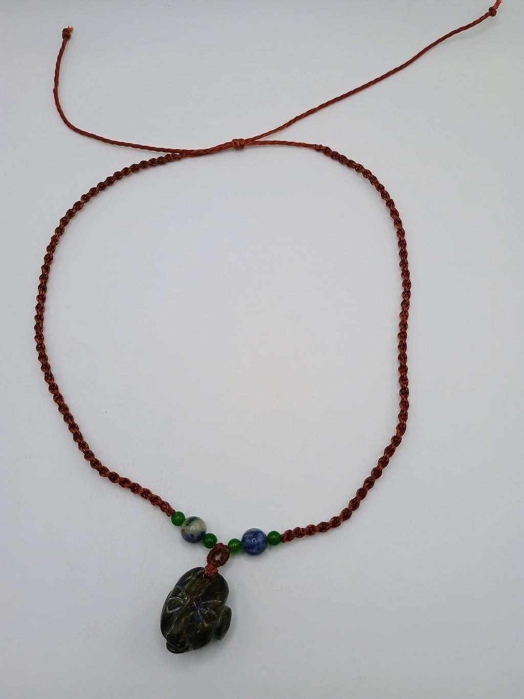 Handmade Macrame Necklace with Inca Mask and Natural Stone