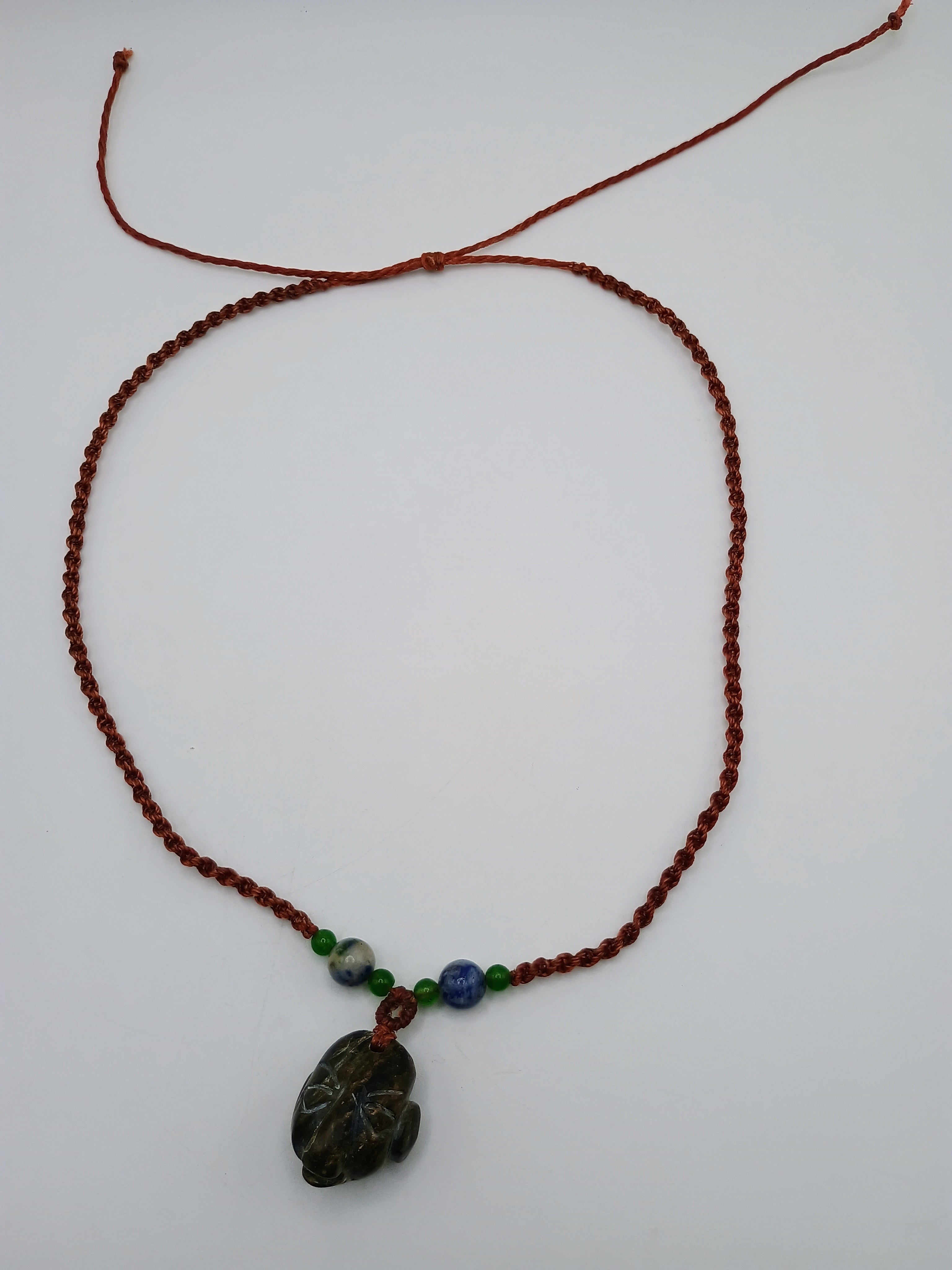 Handmade Macrame Necklace with Inca Mask and Natural Stone