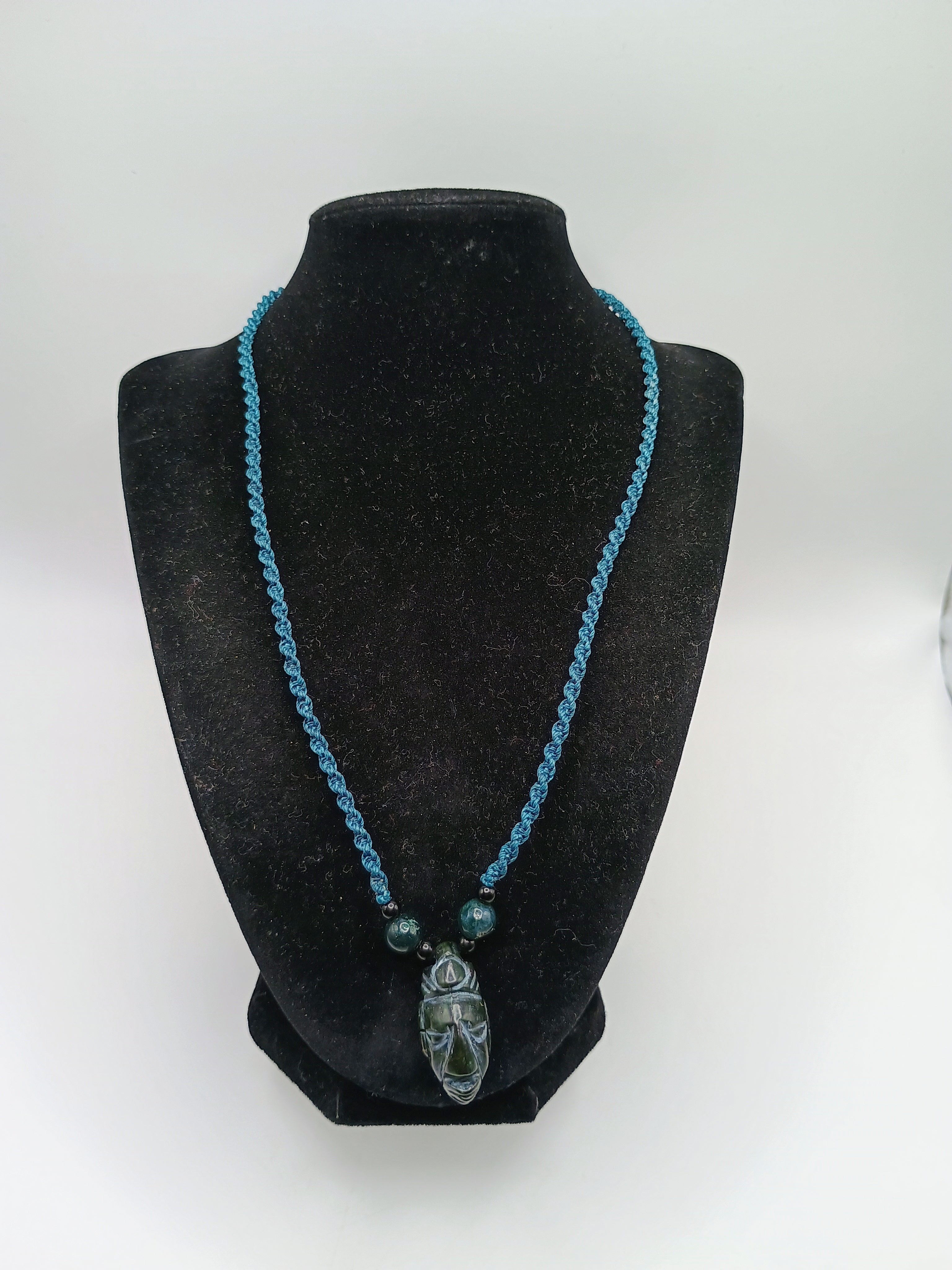 Macrame Necklace with Inca Mask Carved from Natural Andean Stone