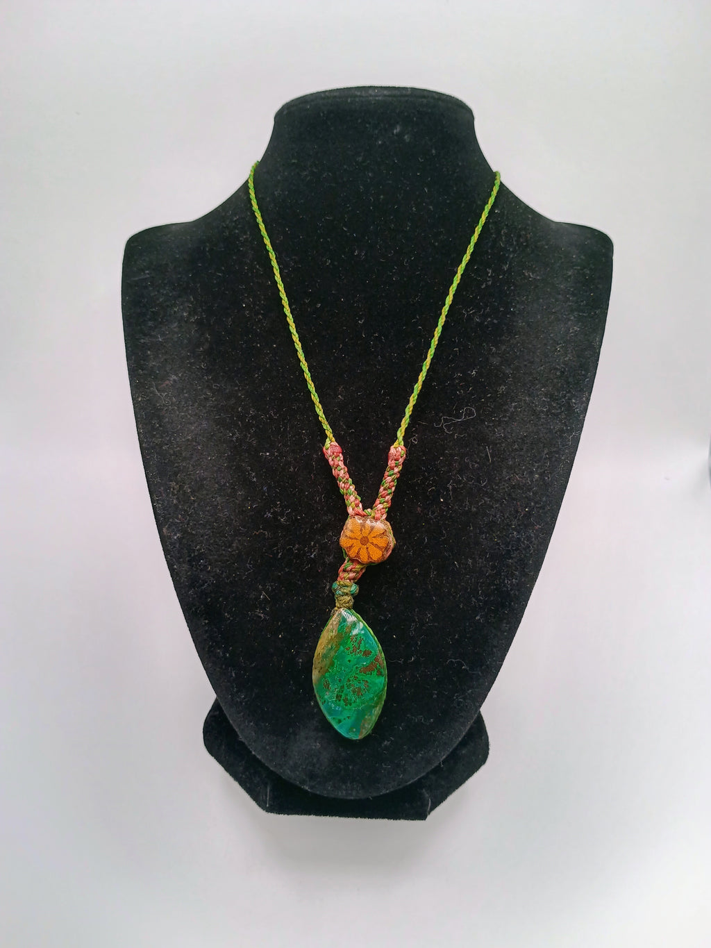 Macrame Necklace with Natural Serpentine Stone and Ayahuasca Flower.