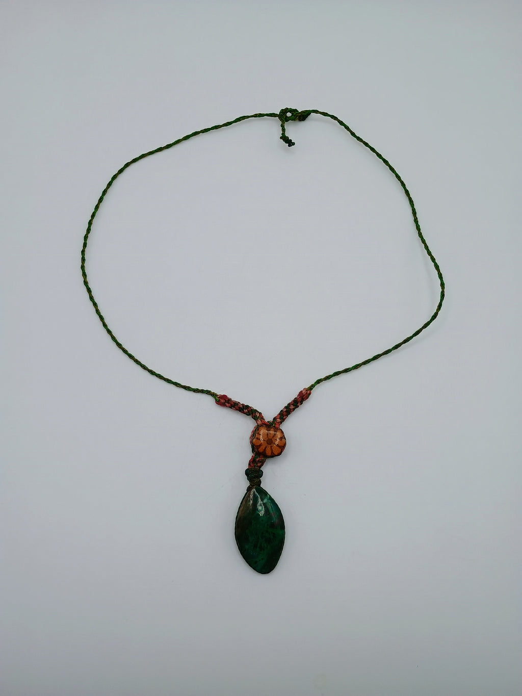 Macrame Necklace with Natural Serpentine Stone and Ayahuasca Flower.