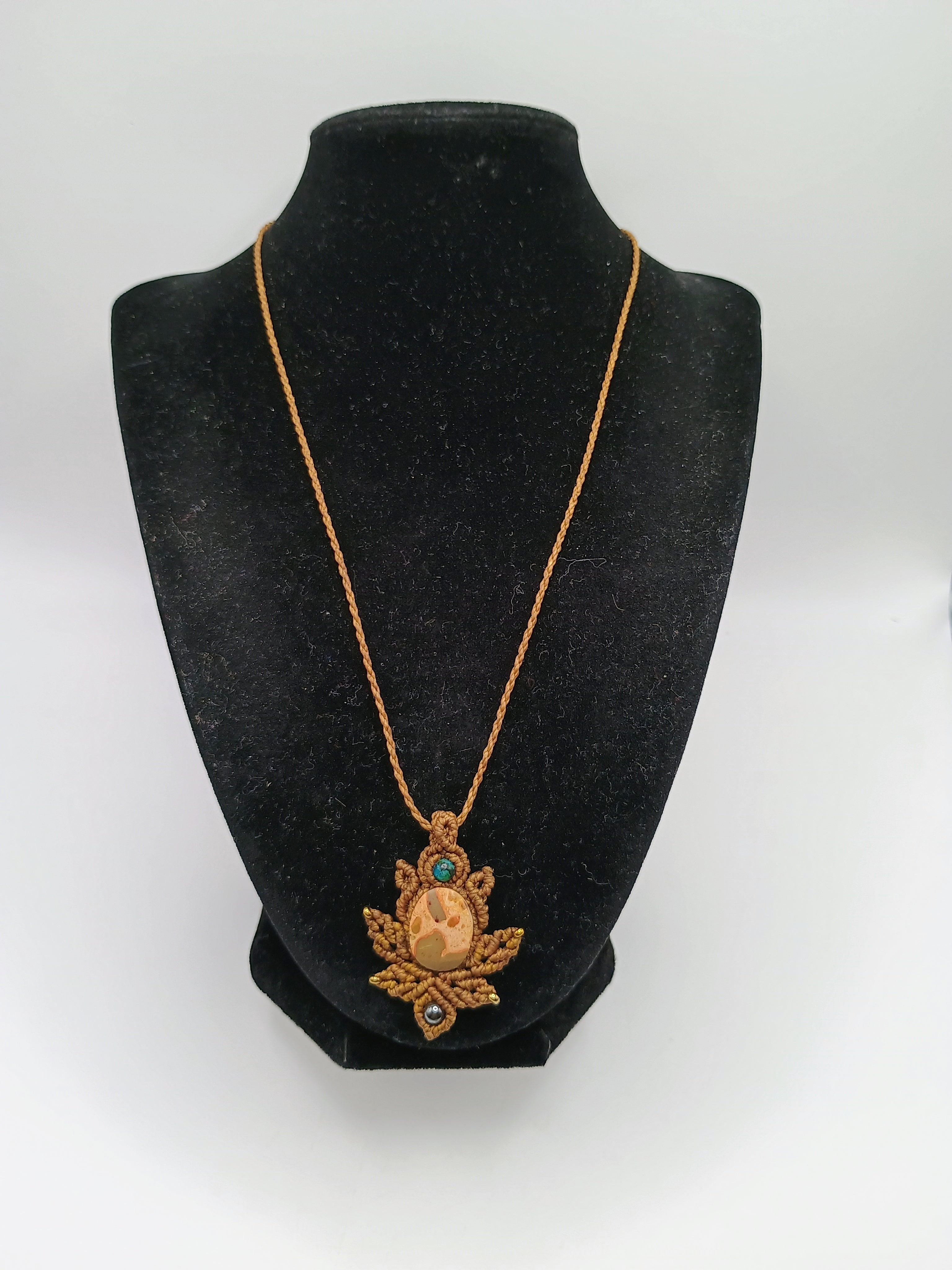 Macrame Necklace Jasper Leopard Print Handmade Pendant