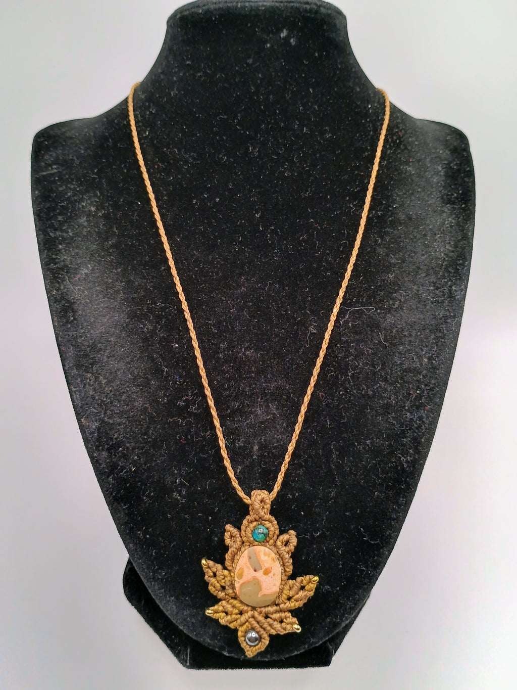 Macrame Necklace Jasper Leopard Print Handmade Pendant